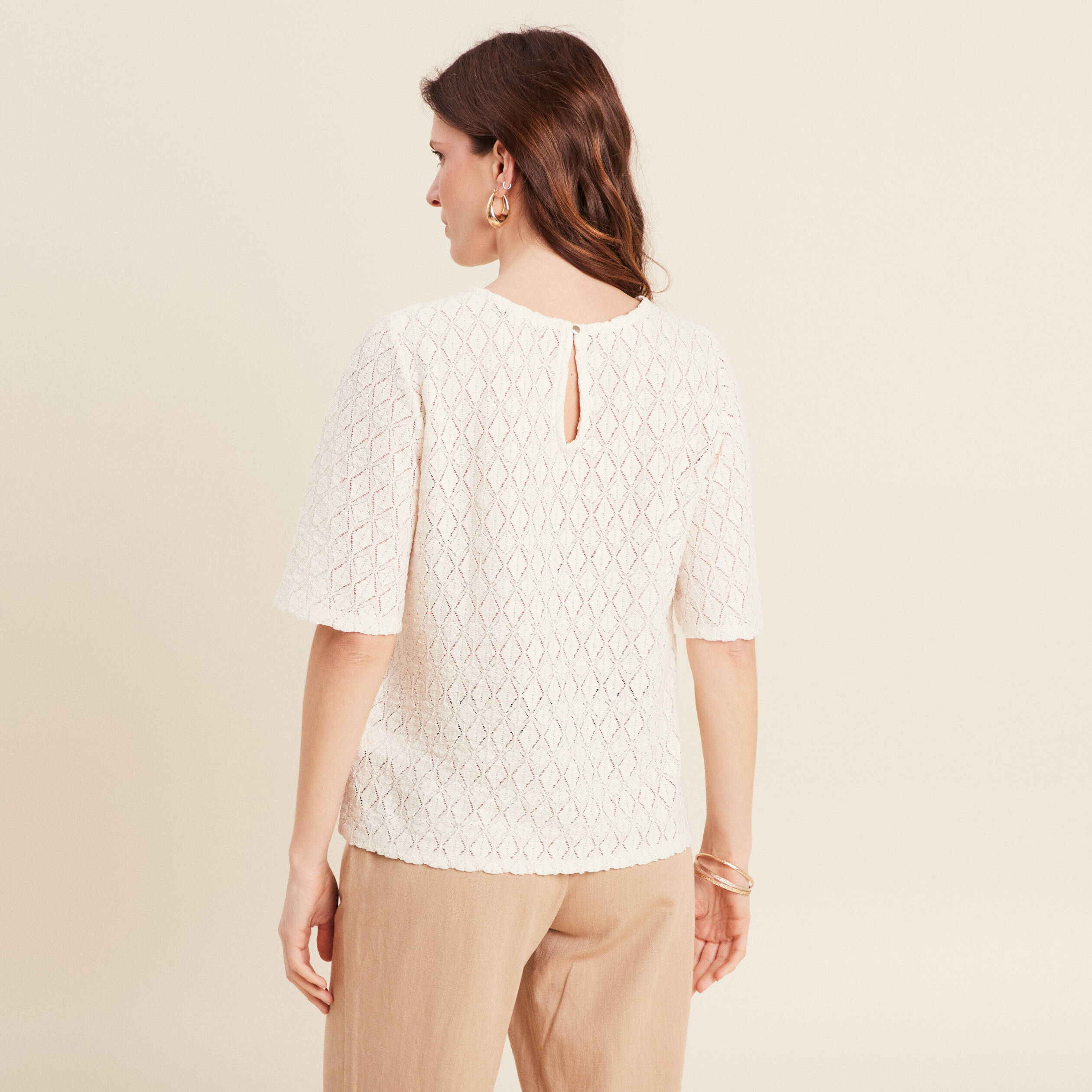 blouse manches courtes ajouree ecru femme Blouse manches courtes ajourée ecru femme