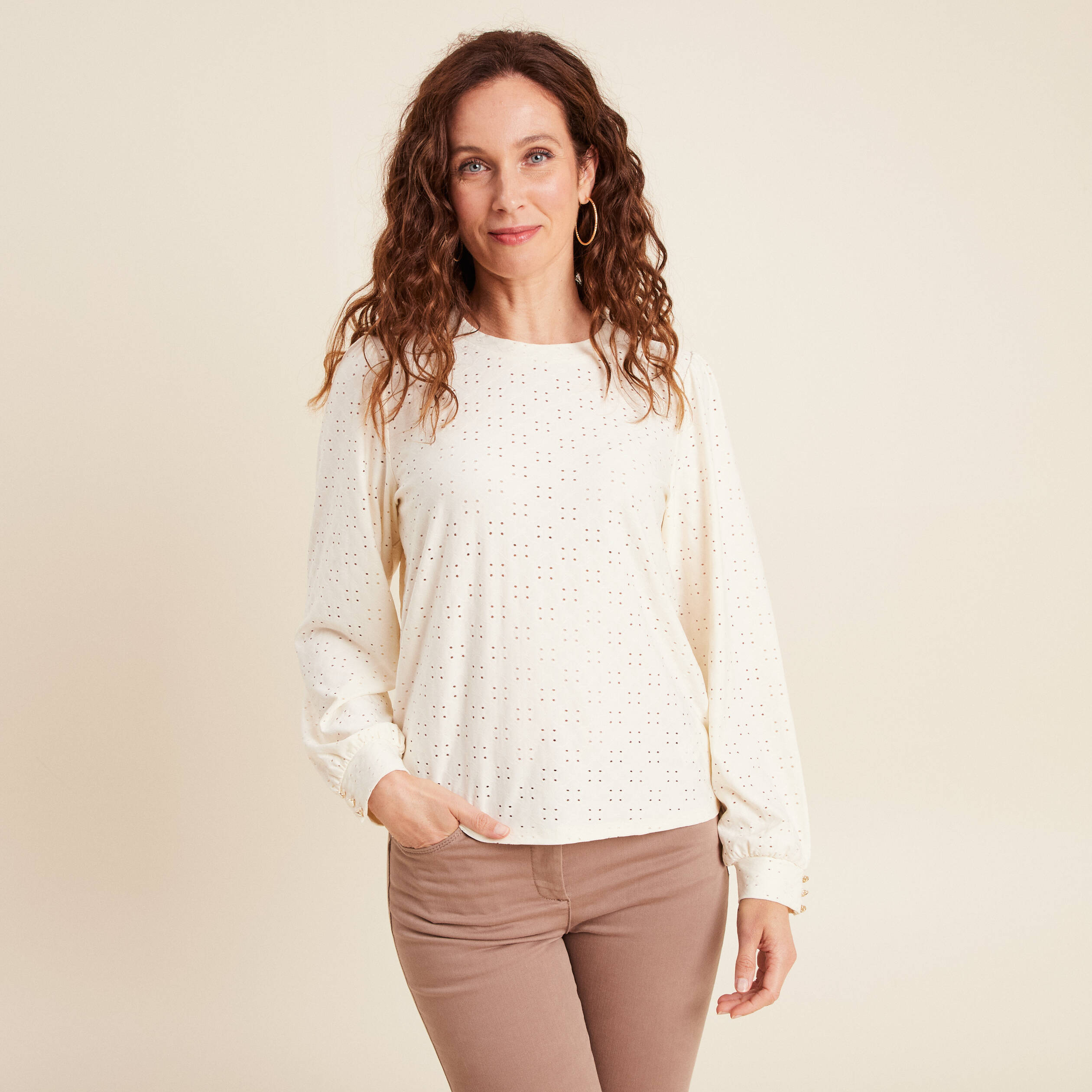 top dentelle col rond manches longues ecru femme Top dentelle col rond manches longues ecru femme