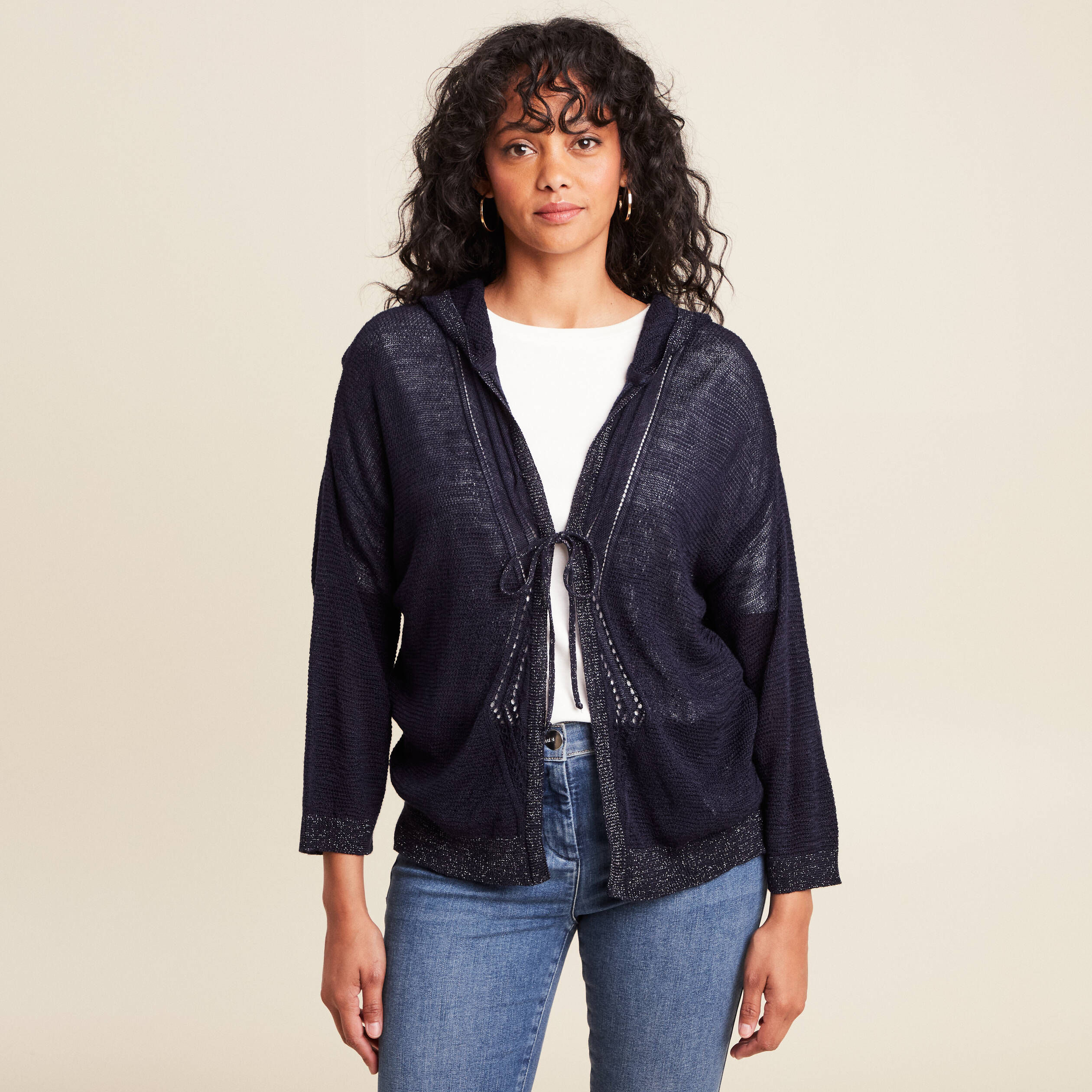 gilet droit mi long a capuche bleu marine femme Gilet droit mi-long à capuche bleu marine femme