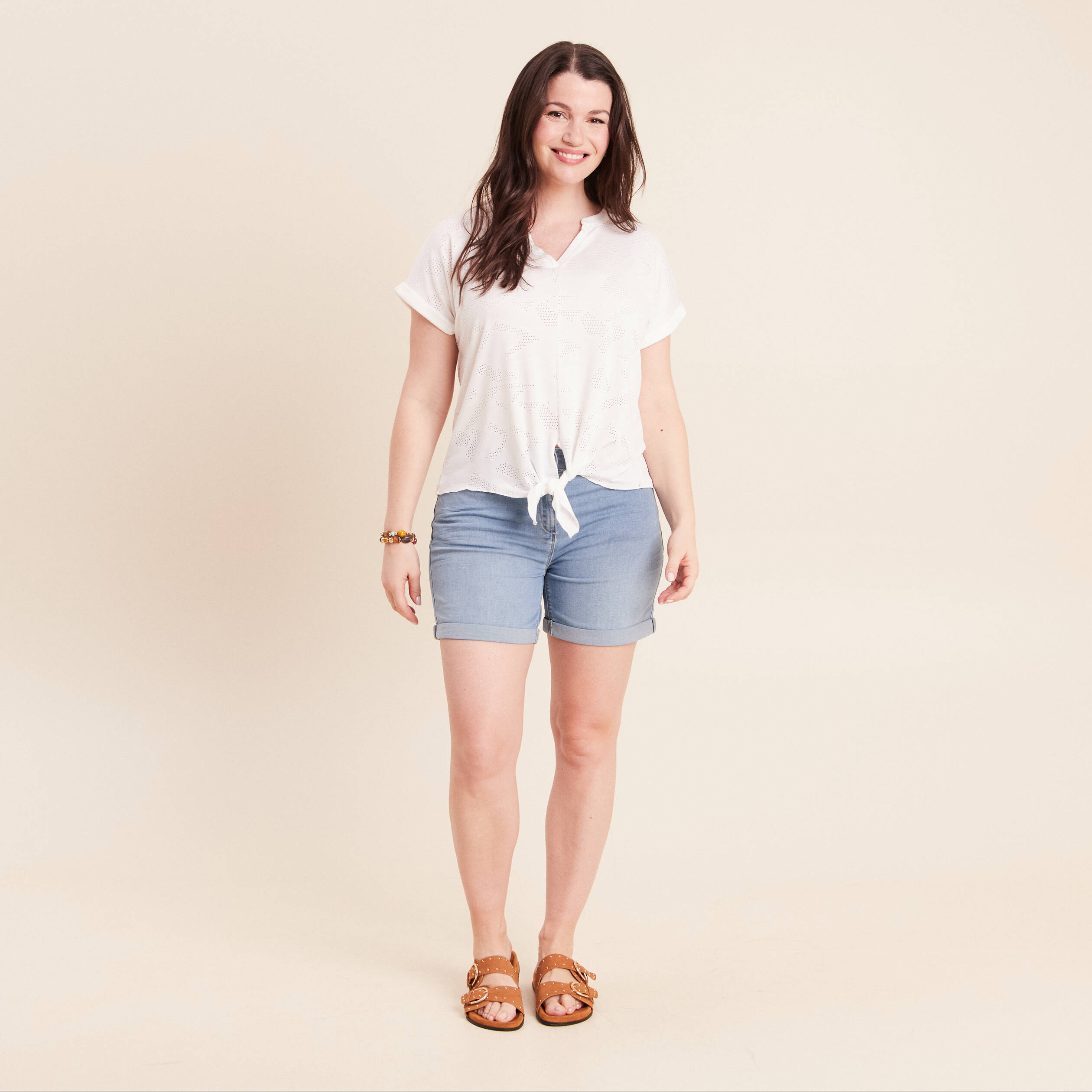 T-shirt col tunisien manches courtes blanc femme