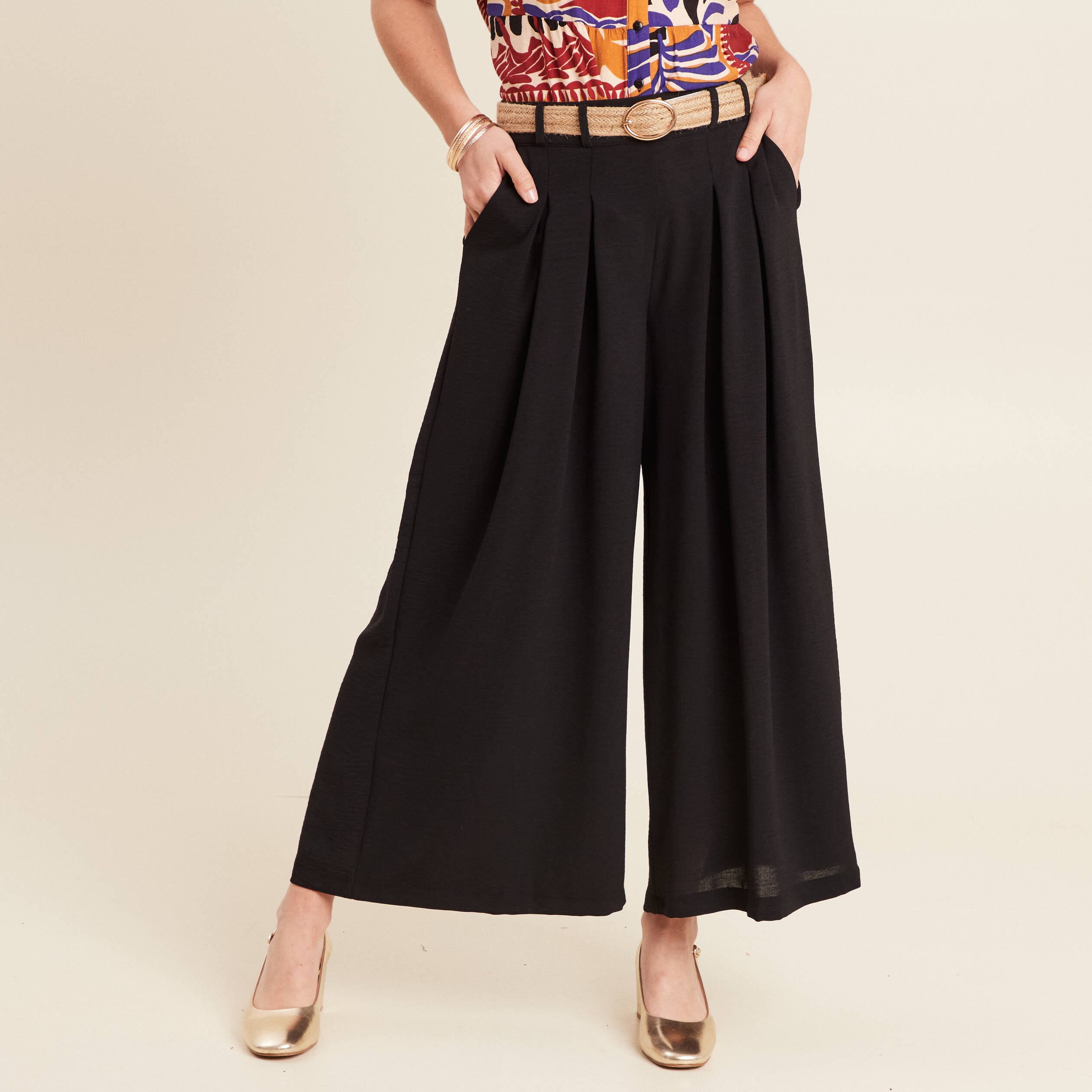 Pantalon jupe-culotte large noir femme