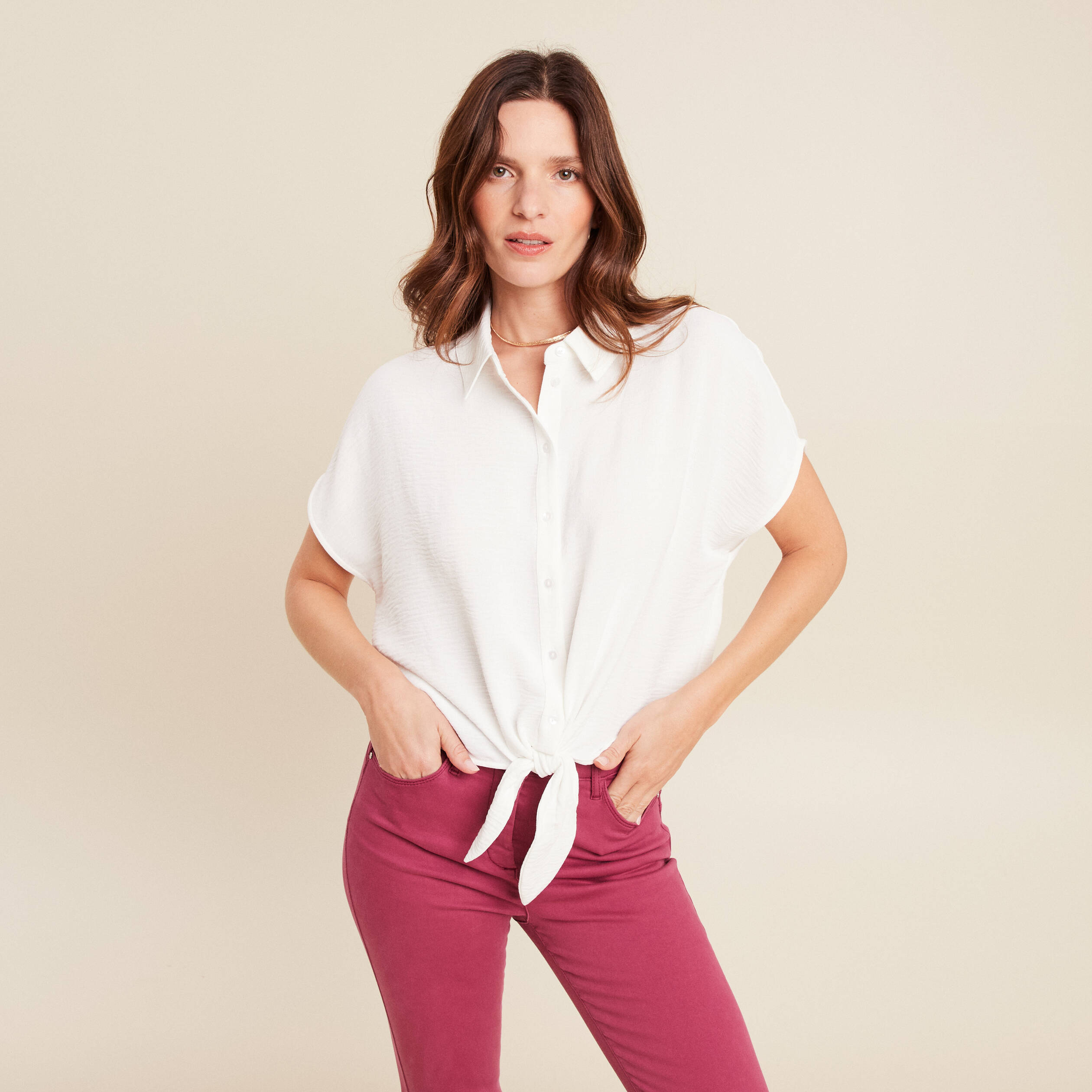 Chemise manches courtes fluide ecru femme