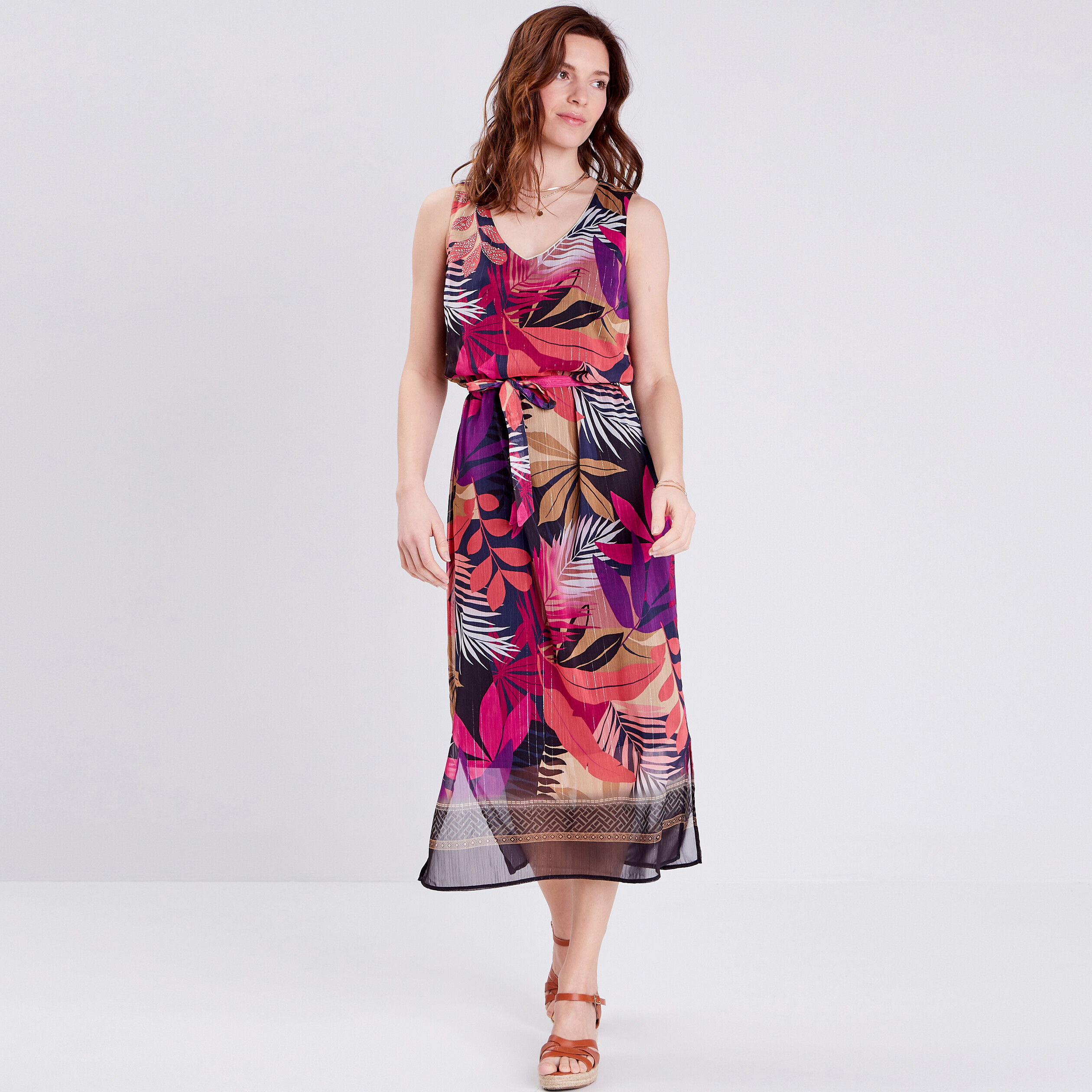 robe longue droite ceinturee rose femme Robe longue droite ceinturée rose femme
