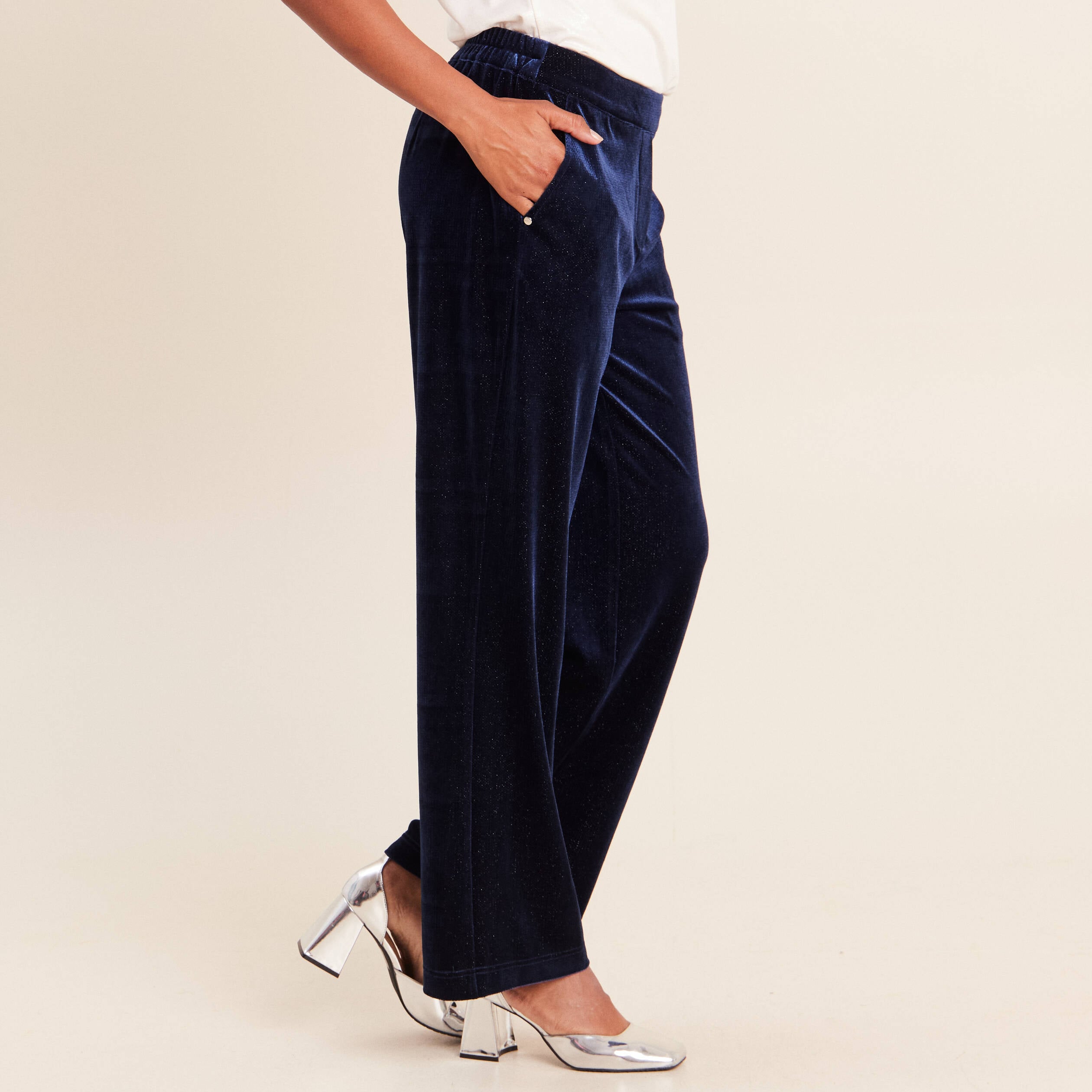 Pantalon large taille haute &agrave; paillettes bleu fonc&eacute; femme