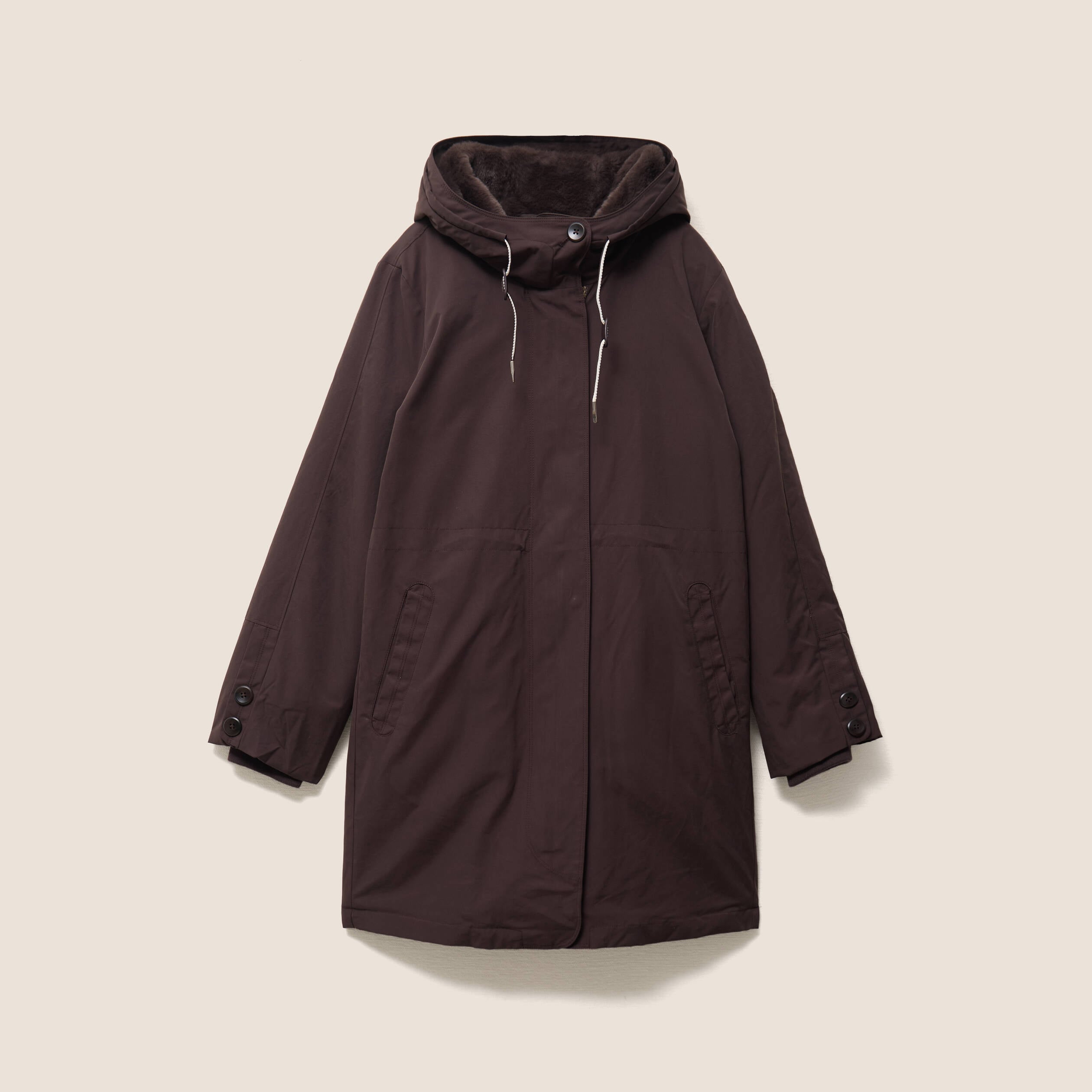 Parka &agrave; capuche taille ajustable marron fonc&eacute; femme