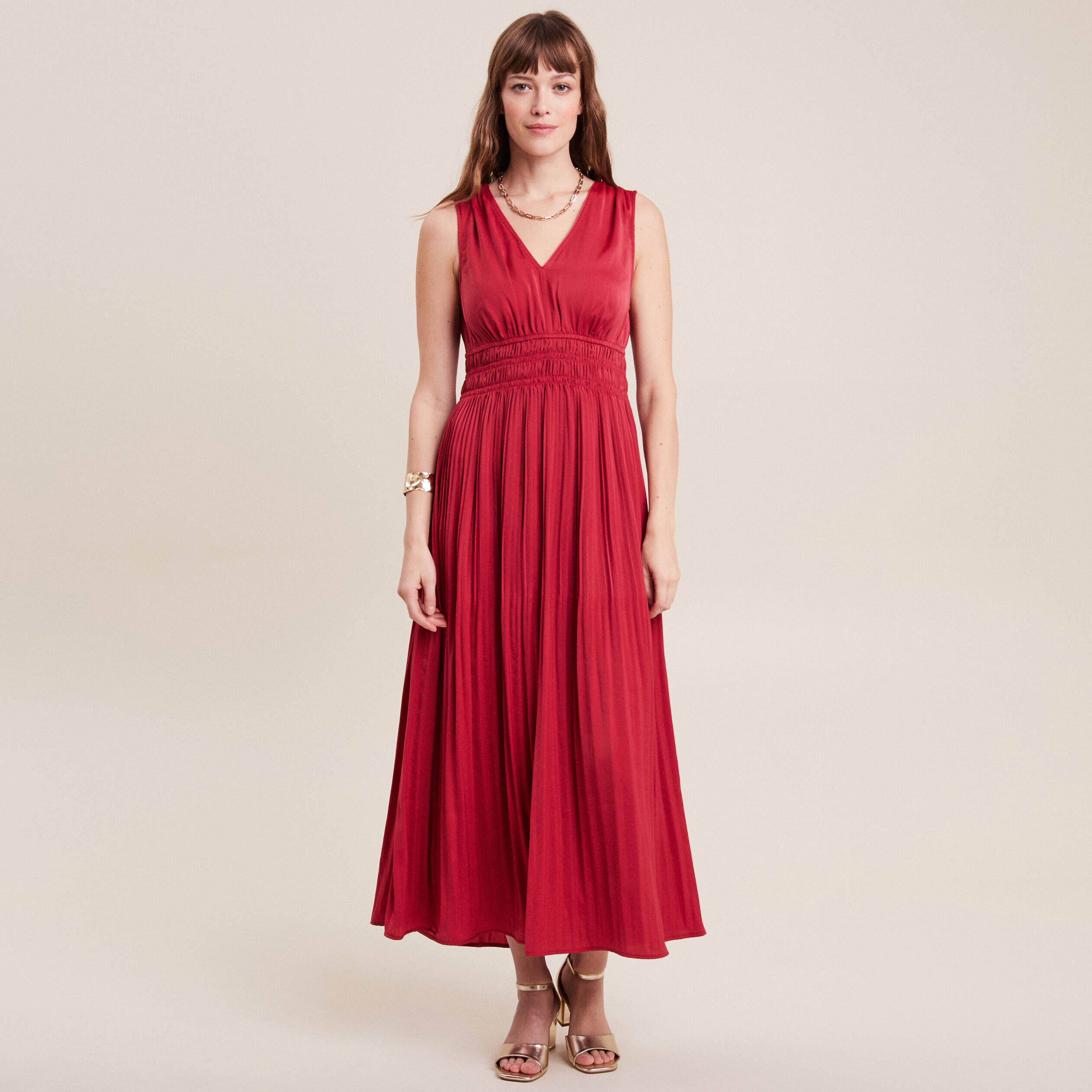Robe longue empire satin bordeaux femme