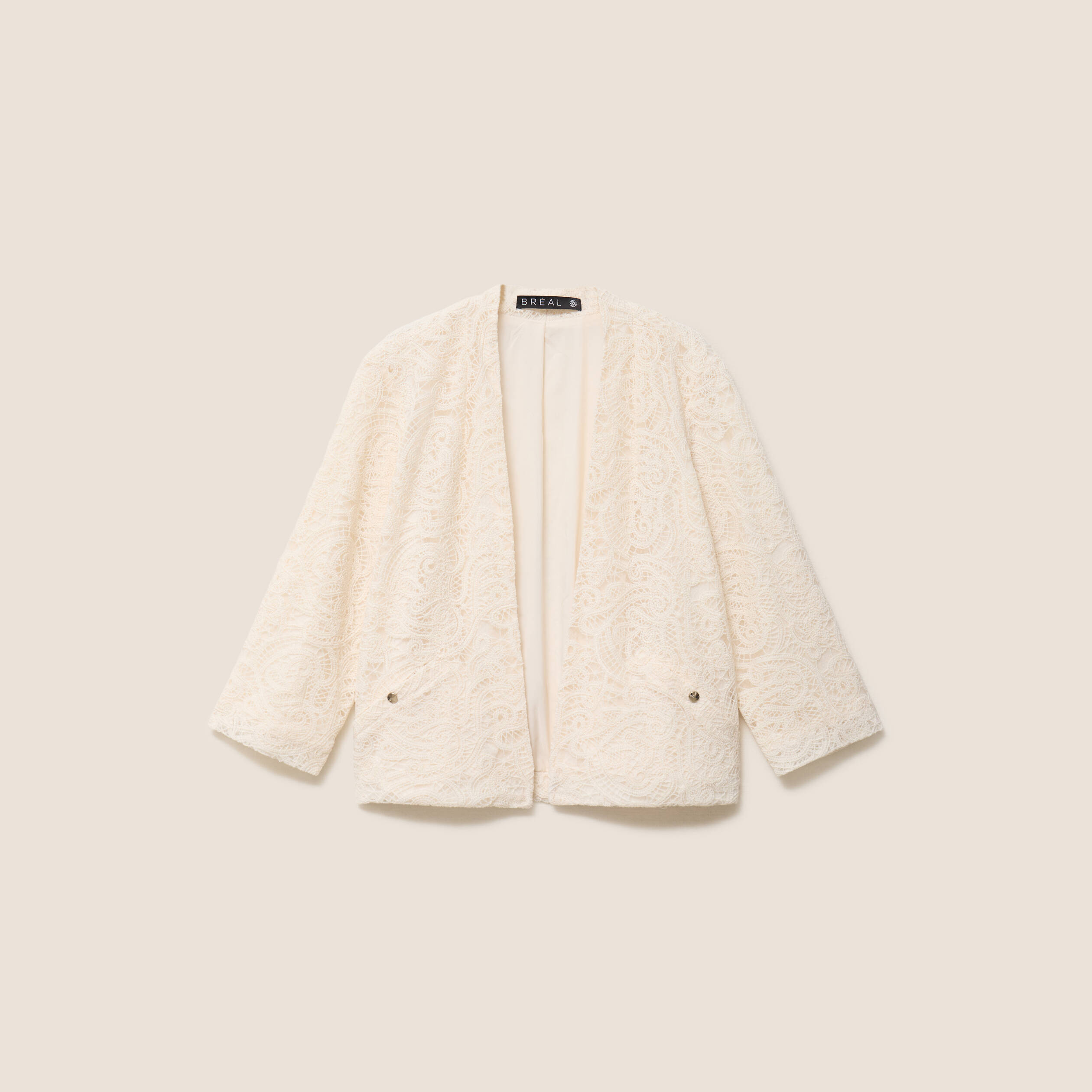 Veste brod&eacute;e bas resserr&eacute; manches 3/4 ecru femme