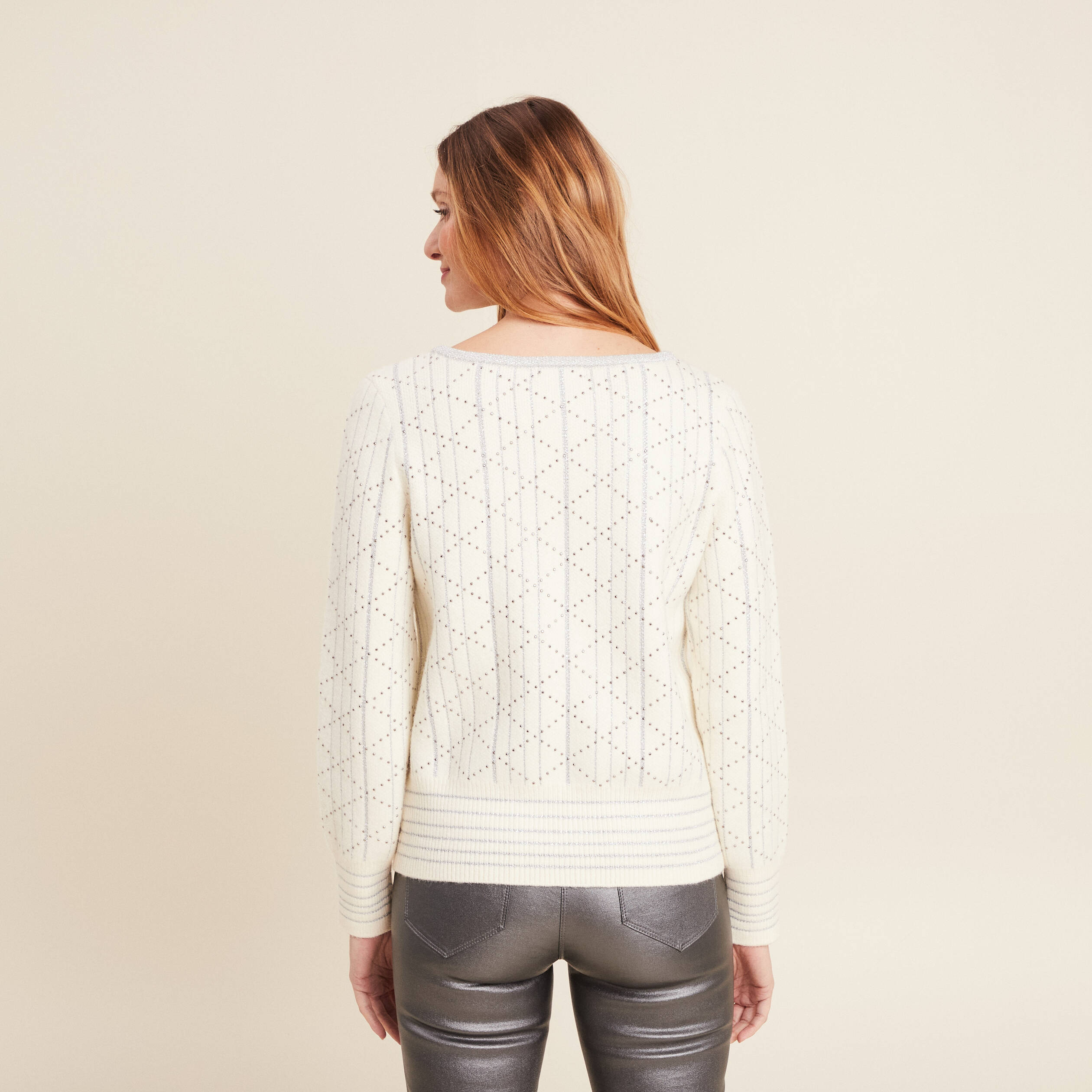 Pull manches longues clous ecru femme