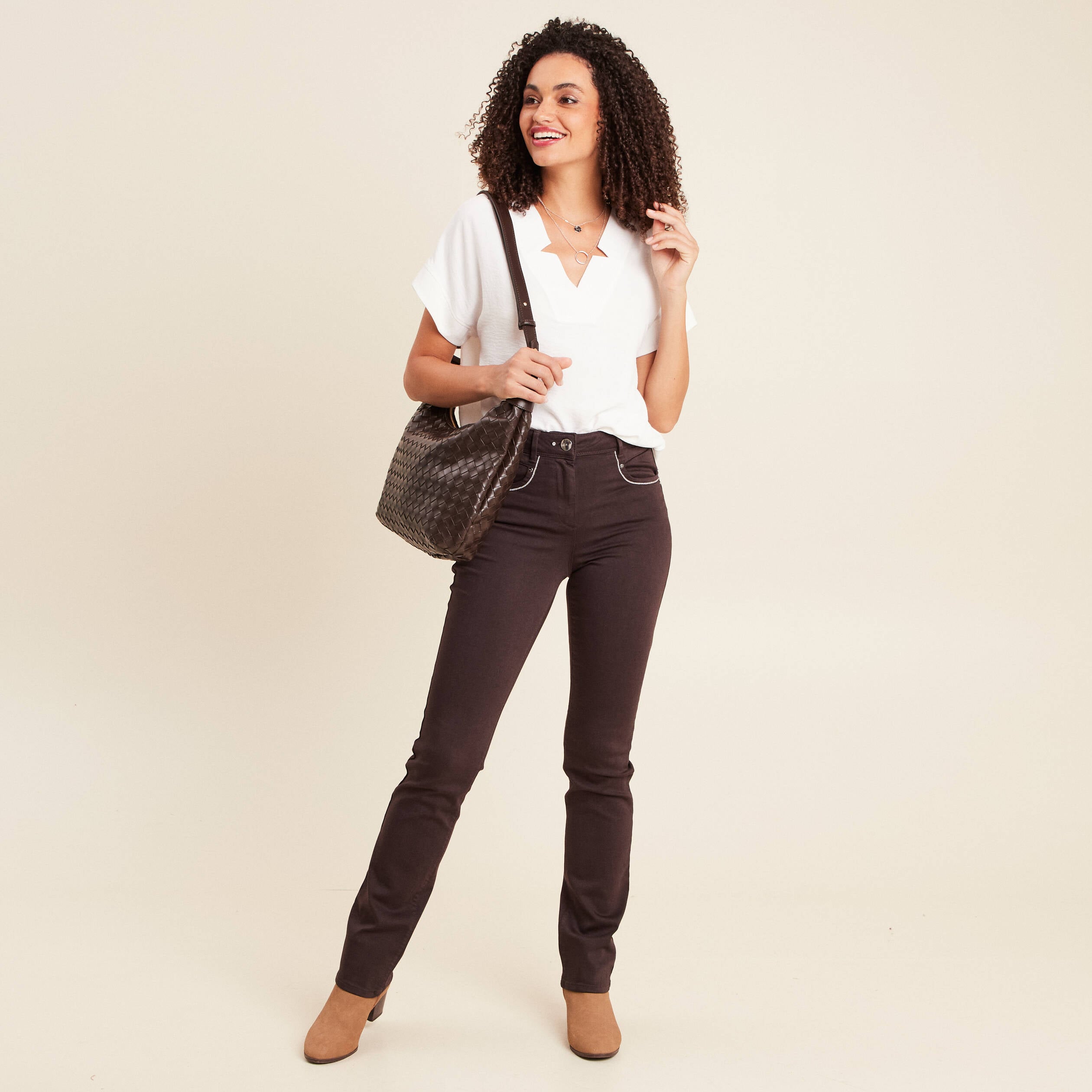 Pantalon droit taille haute marron fonc&eacute; femme