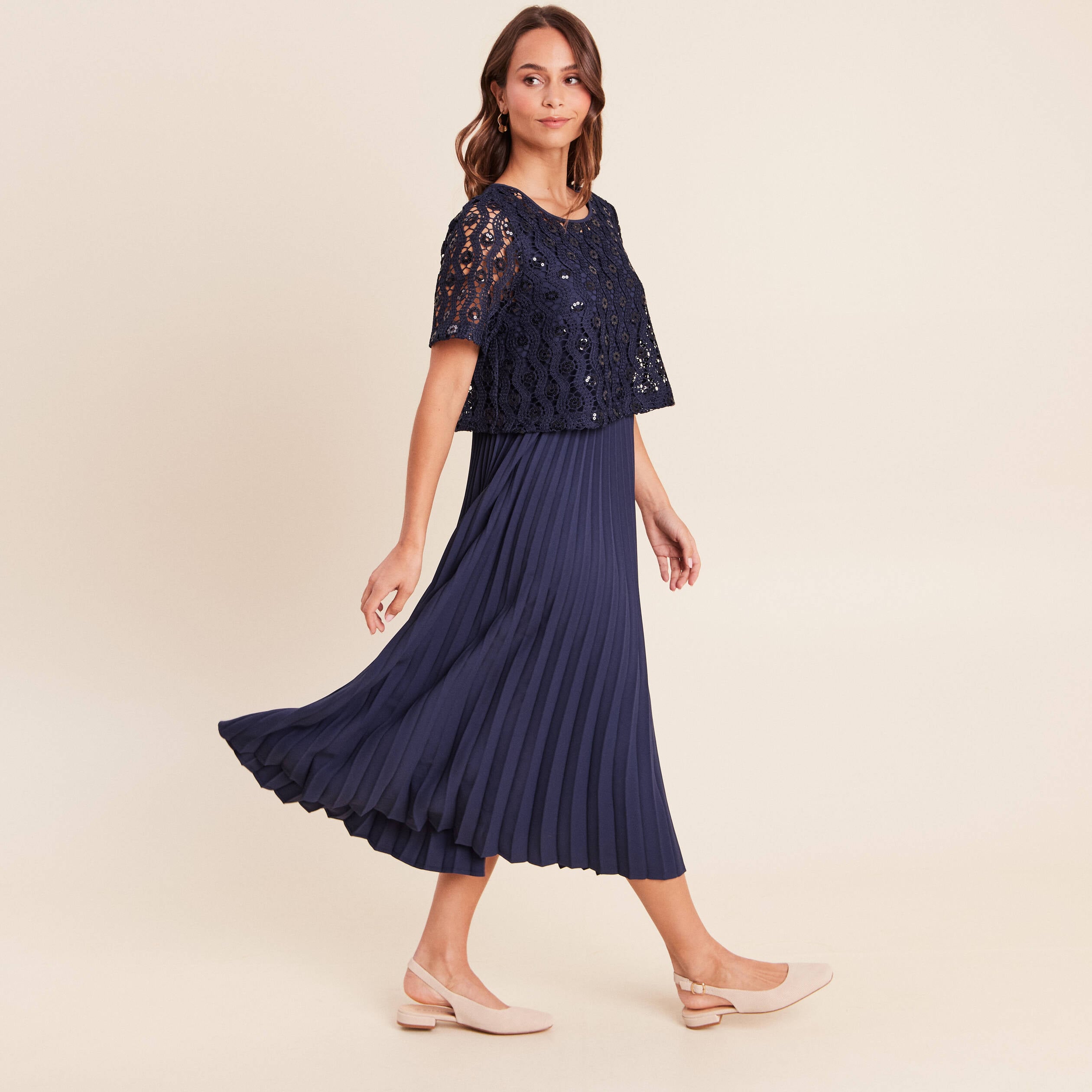 Robe 2 en 1 pliss&eacute;e col rond bleu marine femme