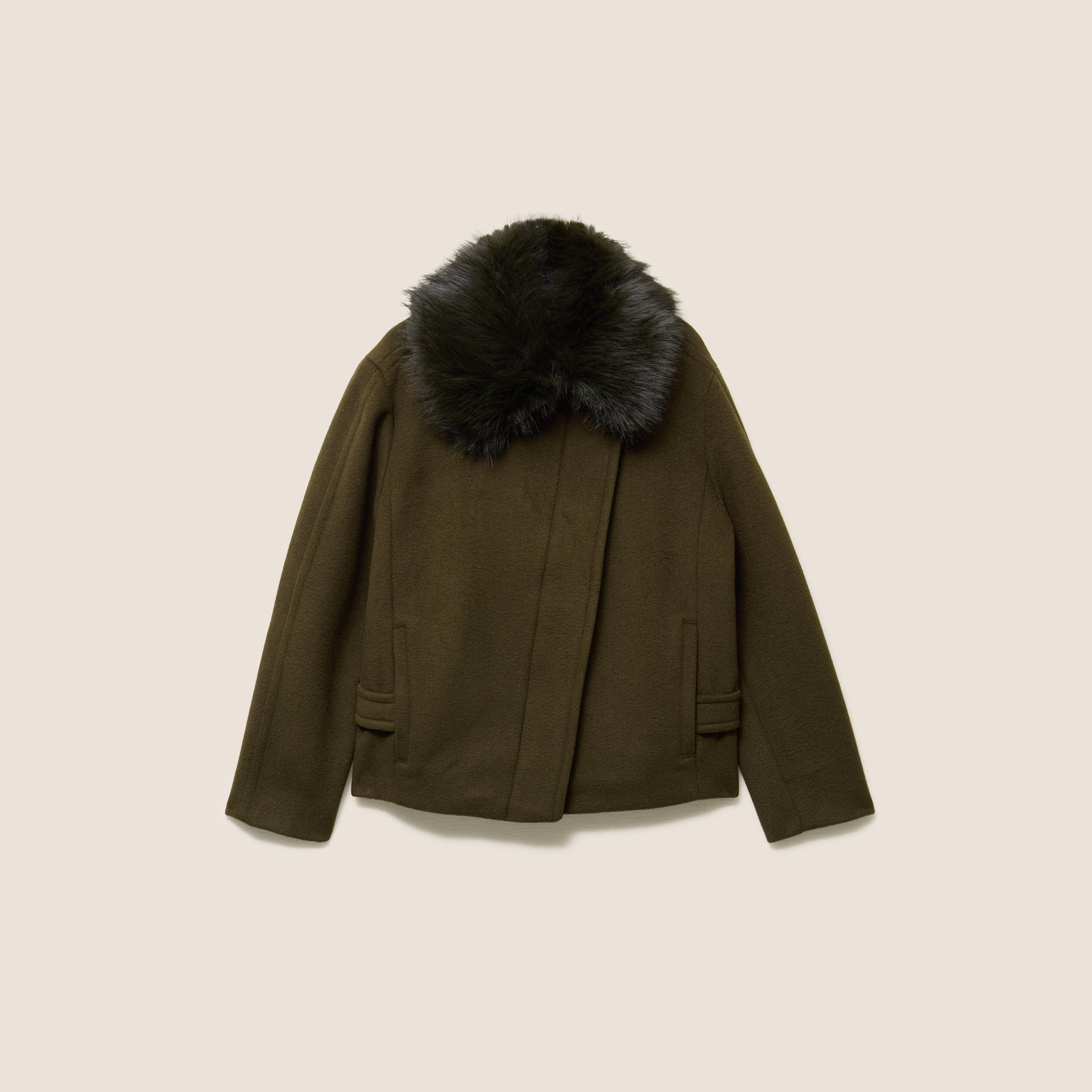 Manteau manches longues col fourrure vert kaki femme