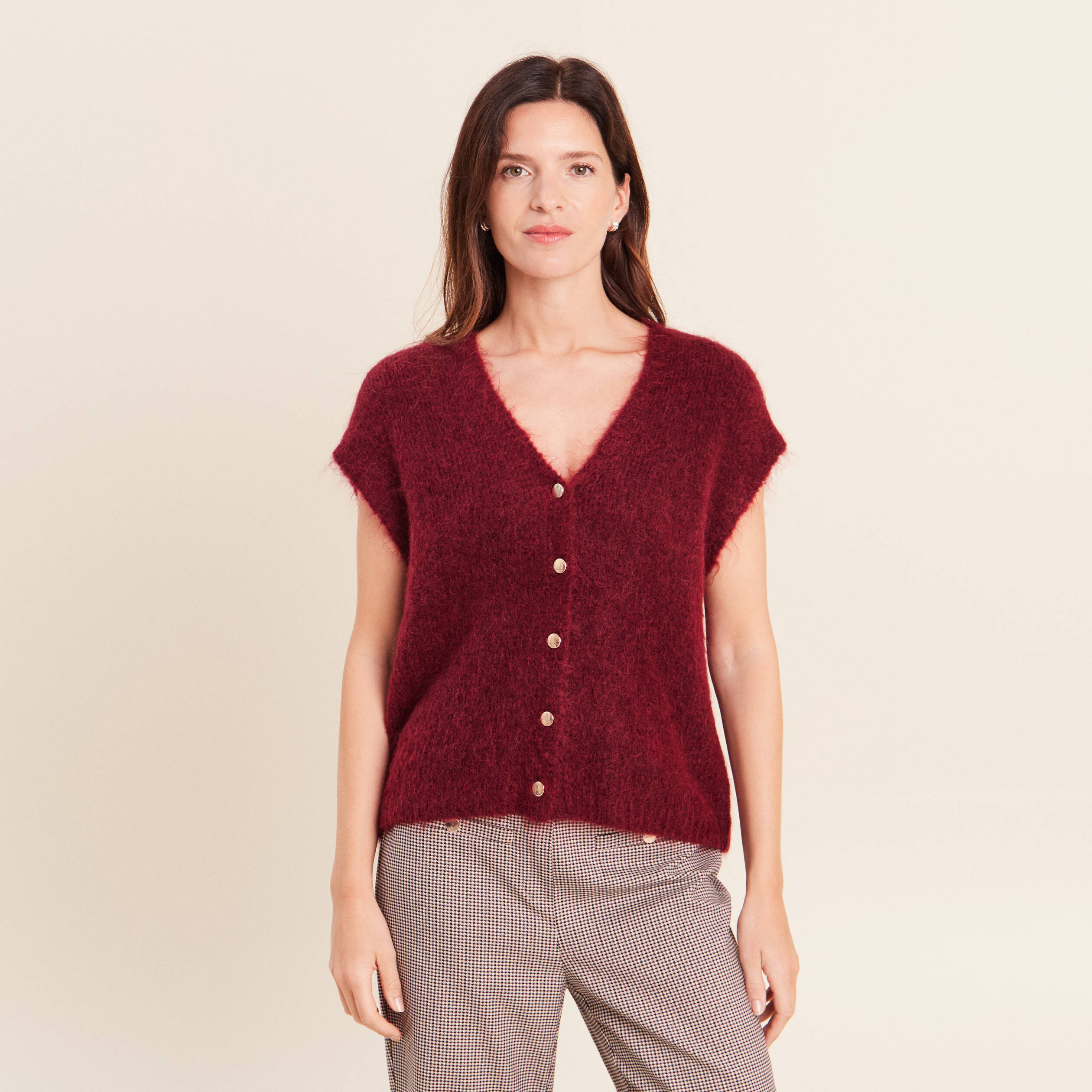Gilet droit mi-long col v bordeaux femme
