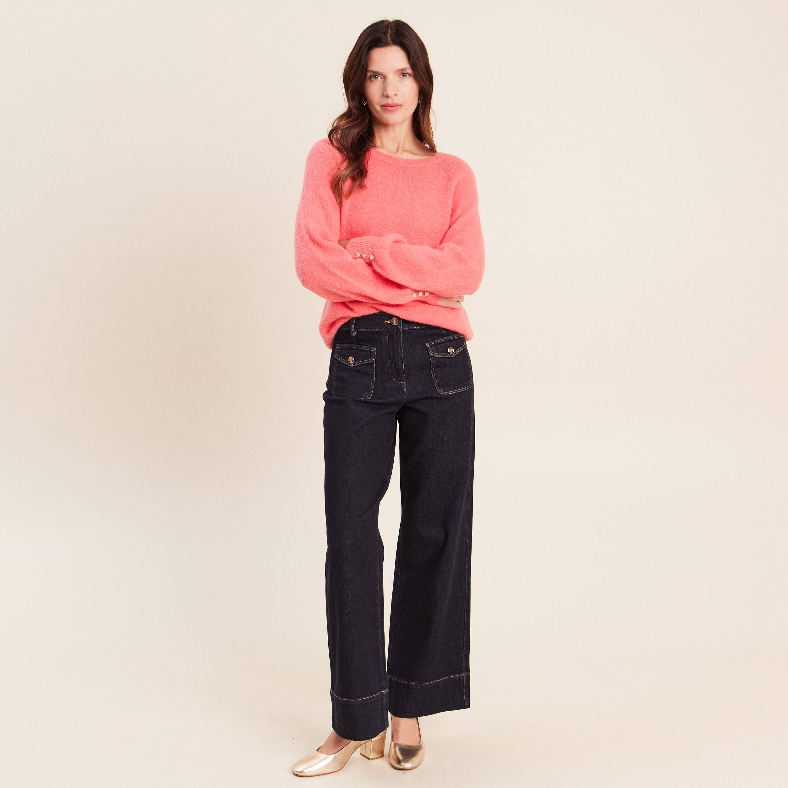 Pull col rond manches longues rose framboise femme