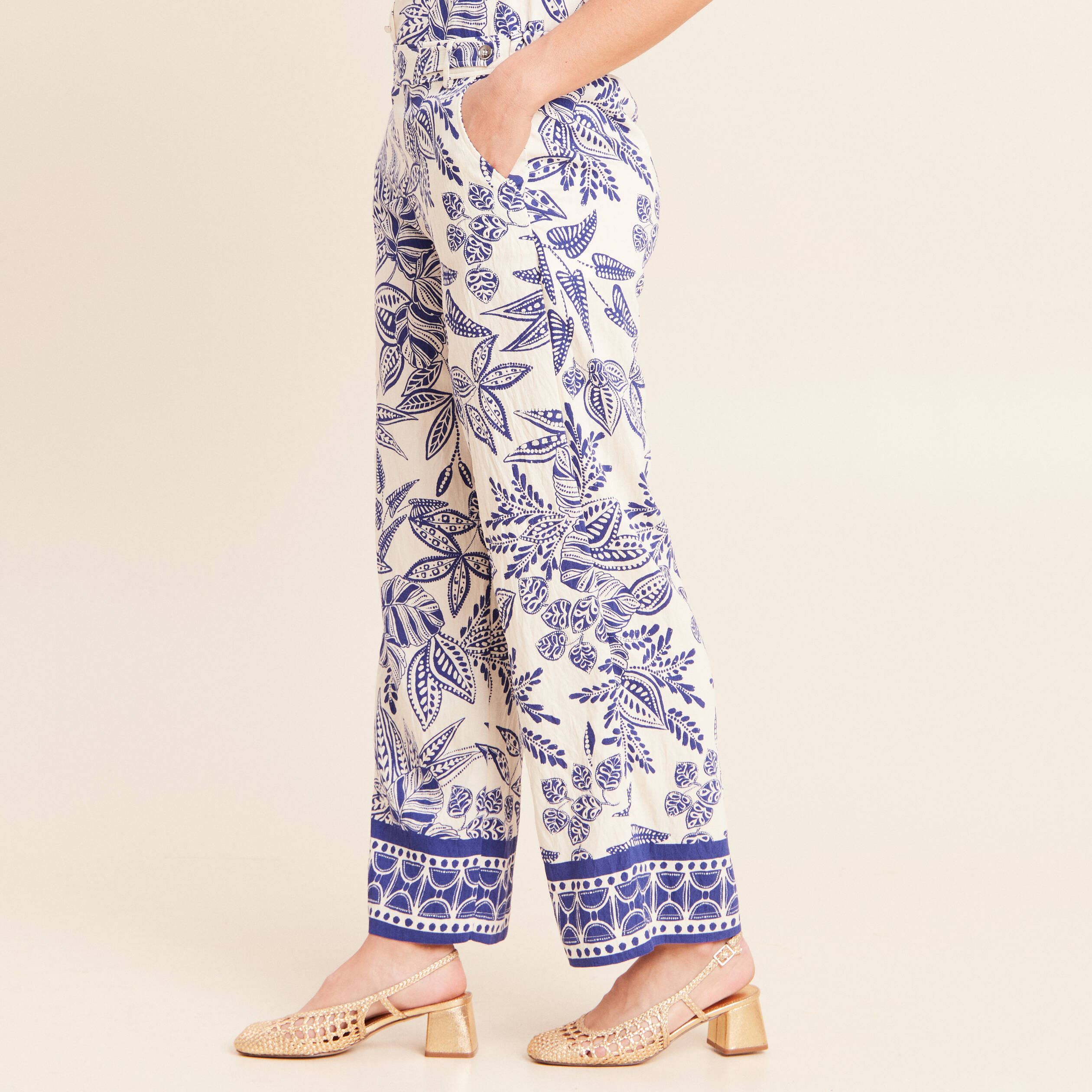 Pantalon large 7/8&egrave;me taille haute bleu femme