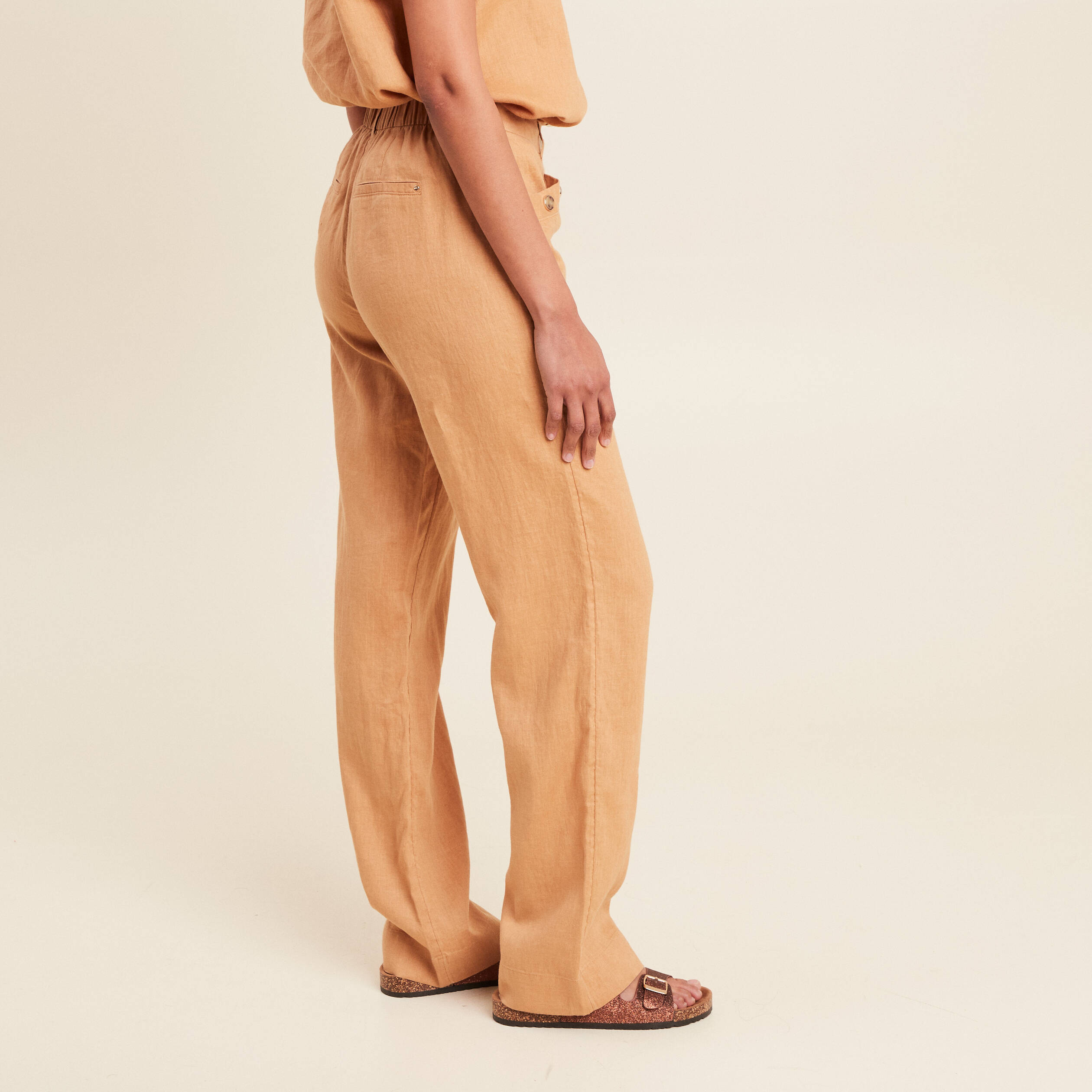 pantalon fluide taille haute beige femme Pantalon fluide taille haute beige femme