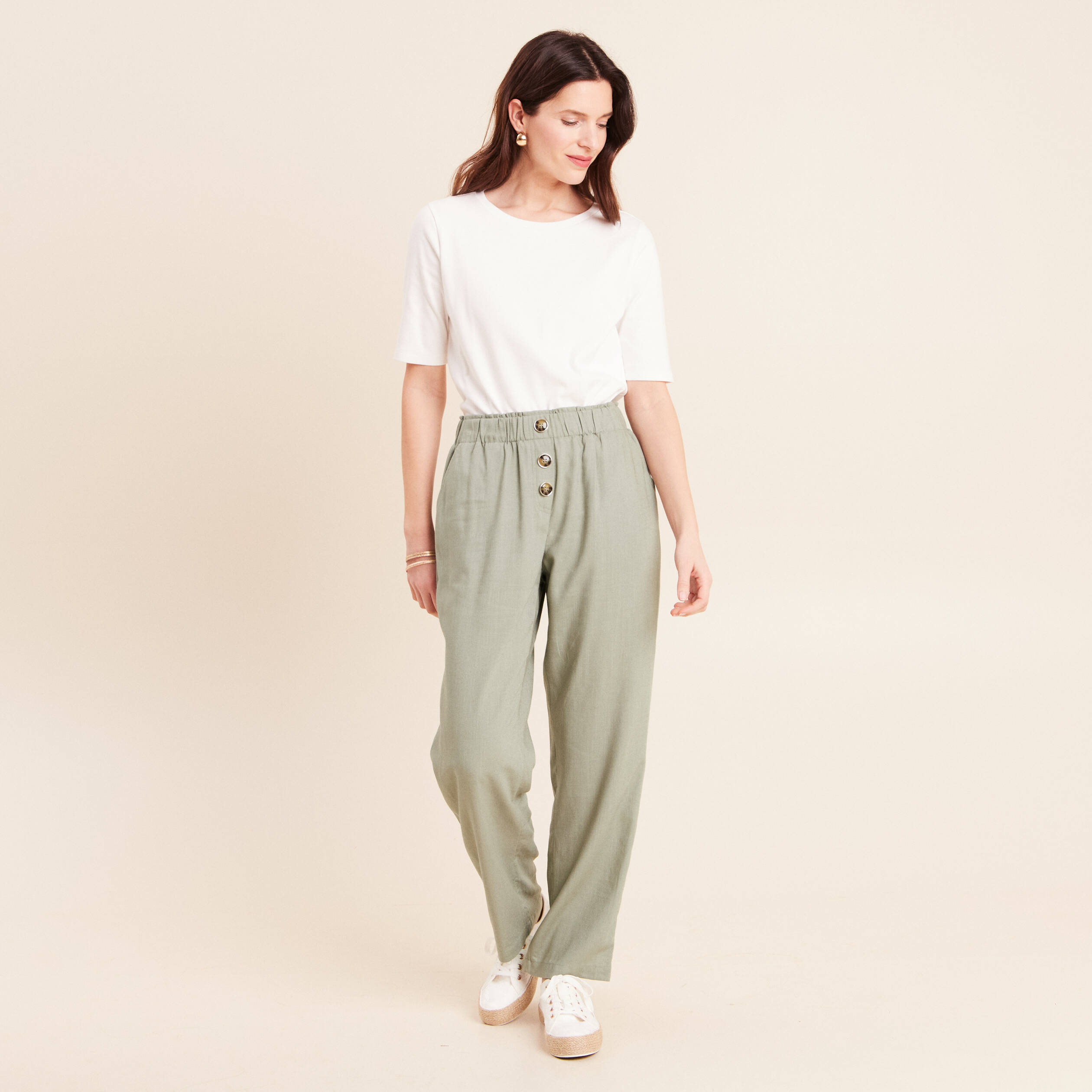 Pantalon large taille haute vert clair femme
