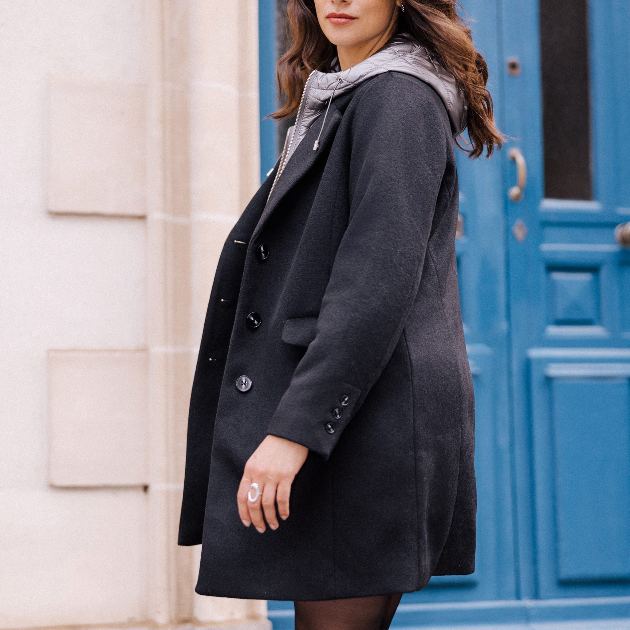 Manteau en droit à capuche noir femme Vibs