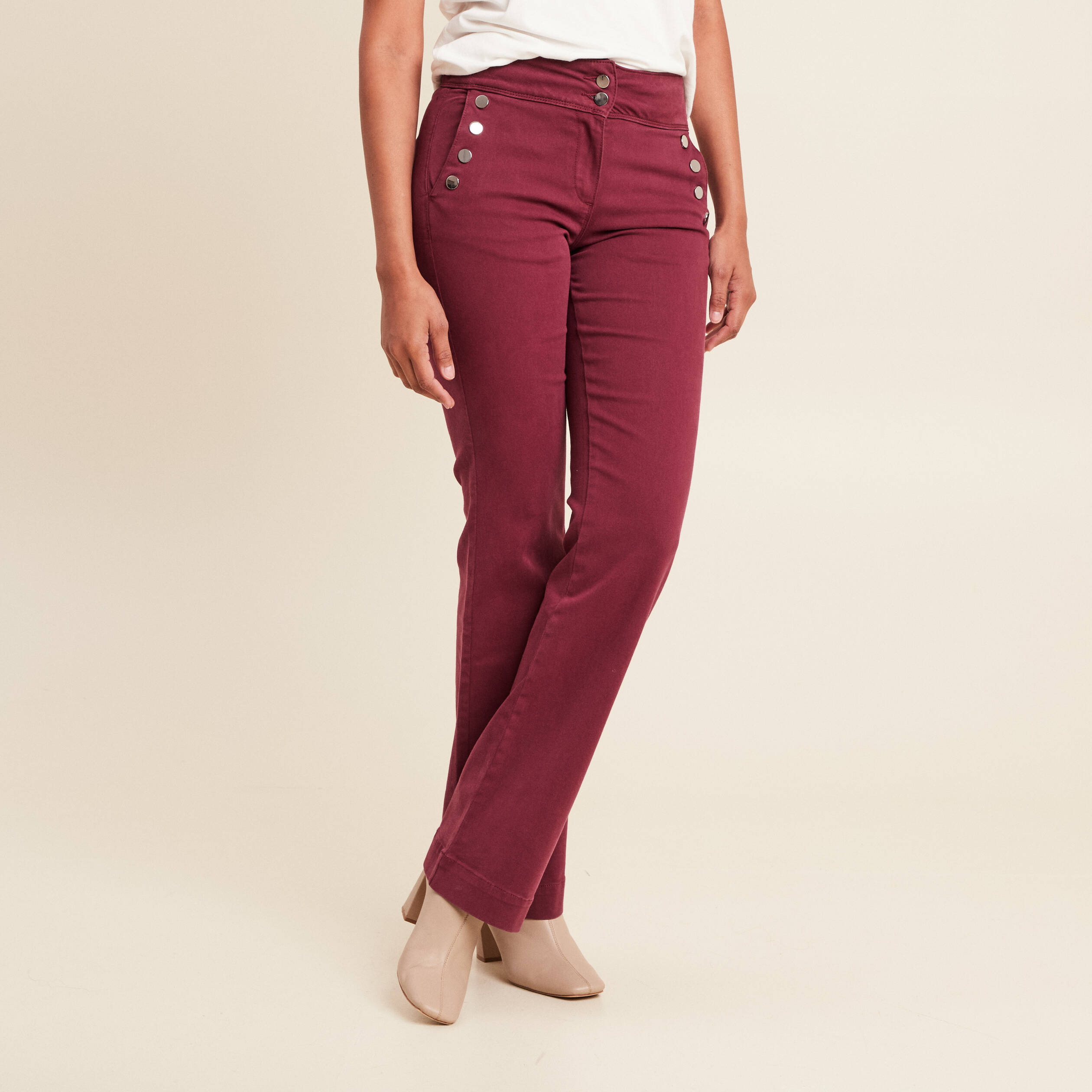 Pantalon coupe bootcut &agrave; pont bordeaux femme