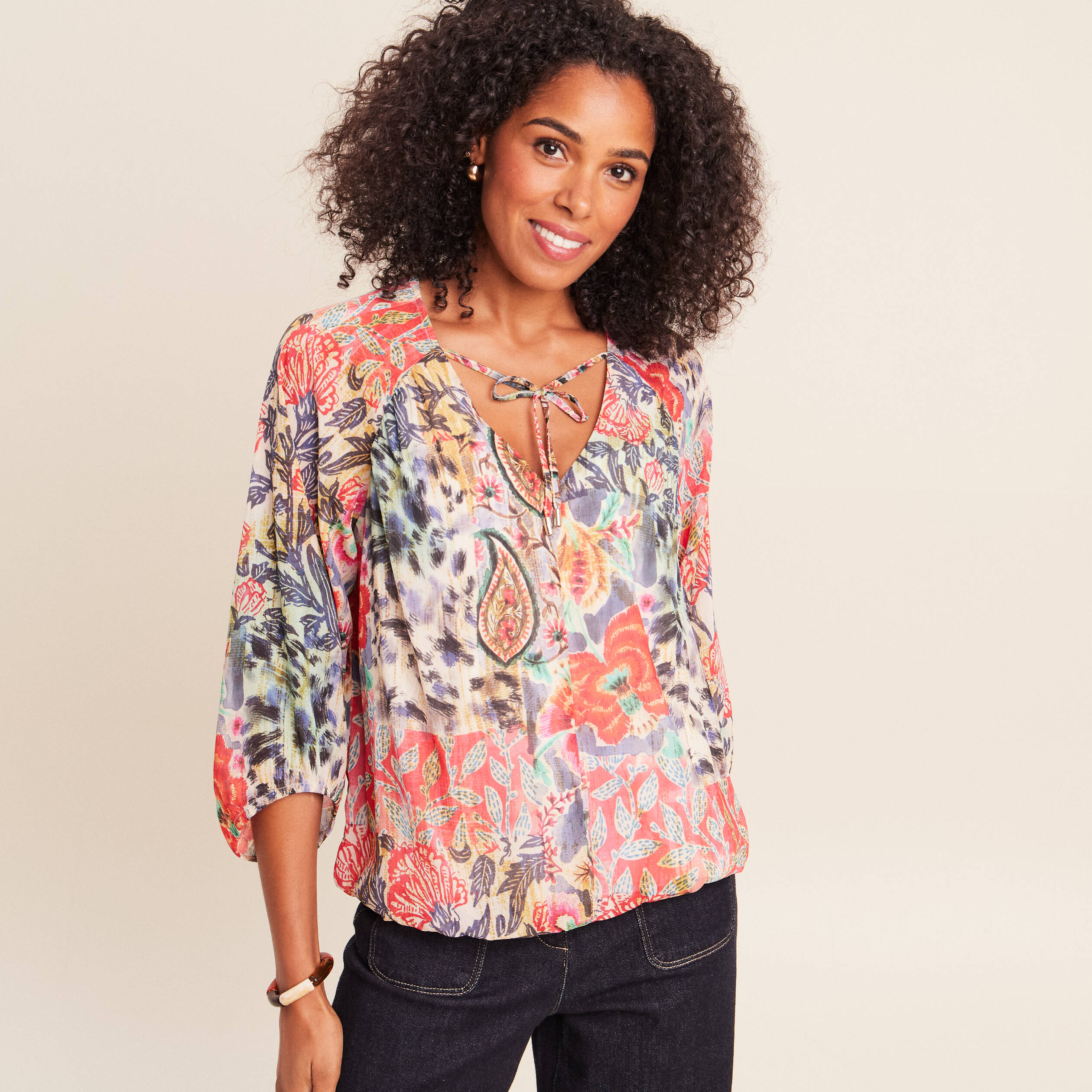 Blouse cintr&eacute;e col v manches 3/4 multicolore femme