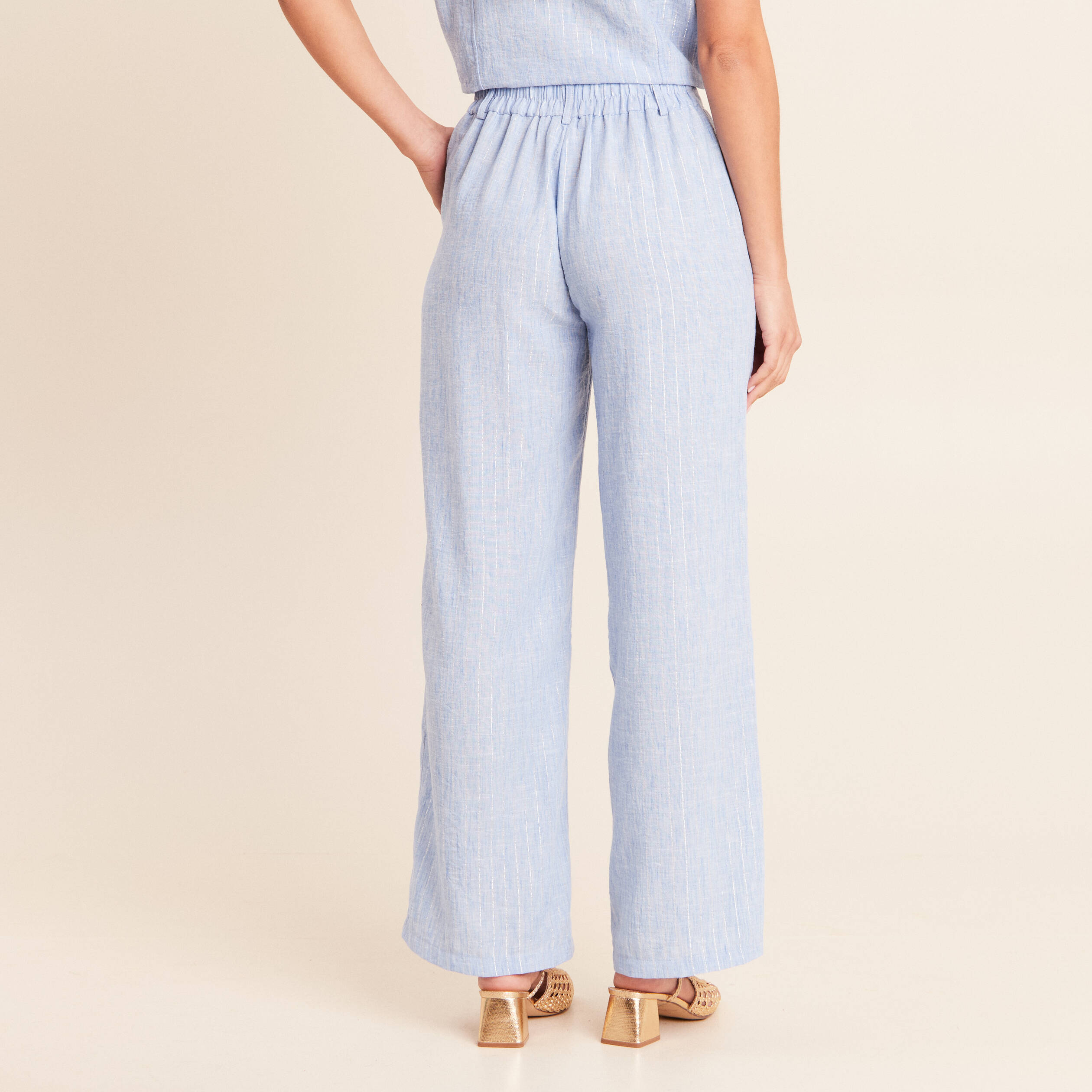 Pantalon large taille haute bleu femme