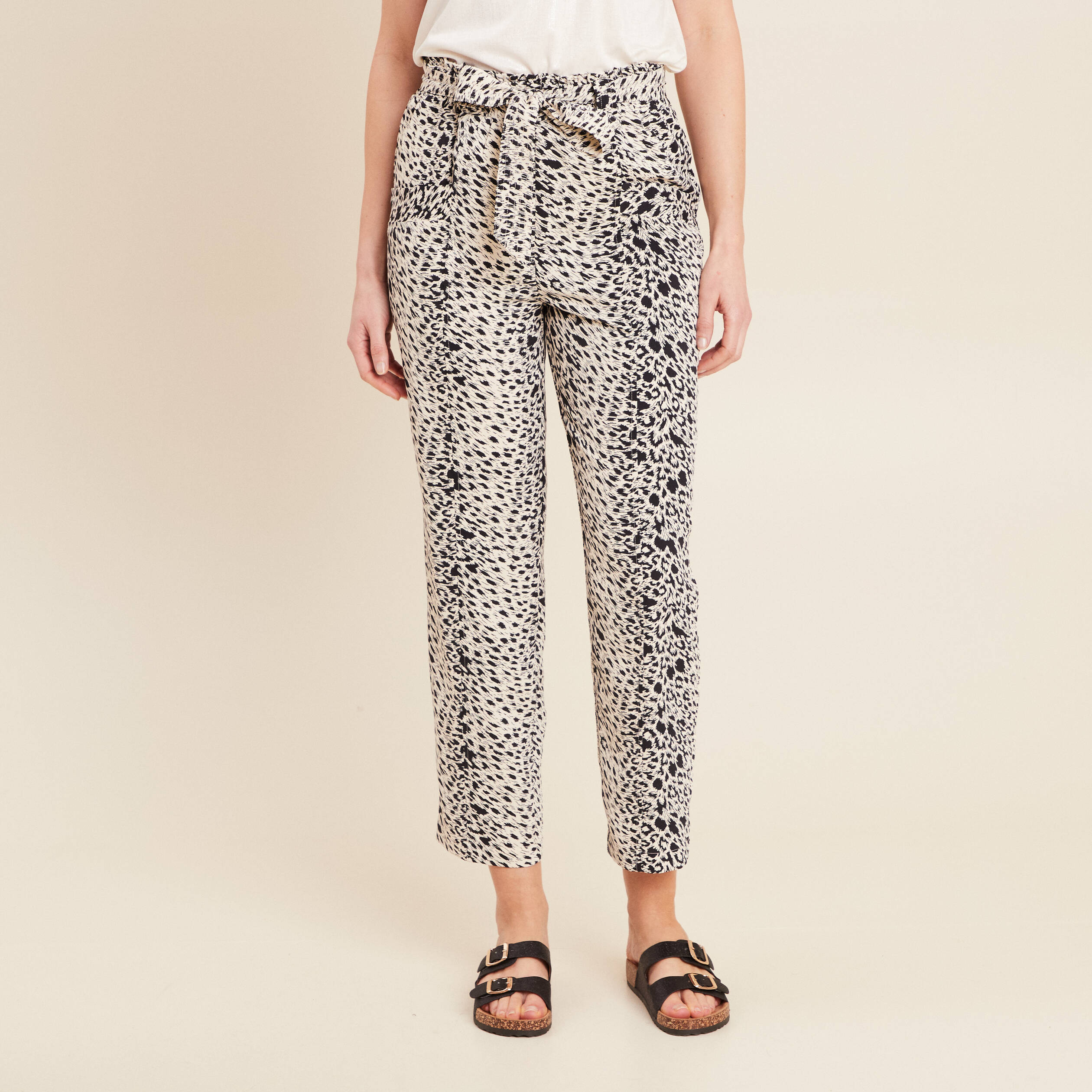 Pantalon flou taille haute ivoire femme