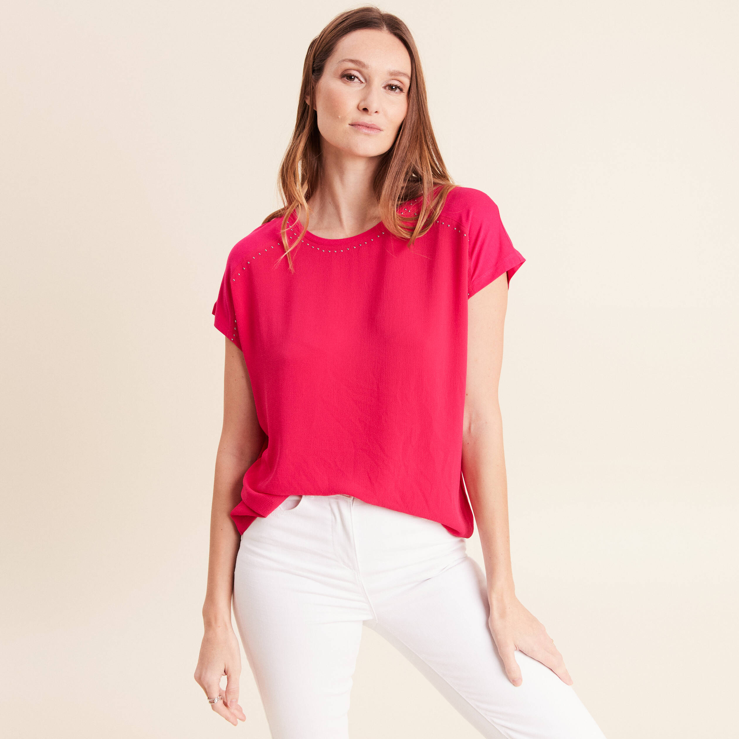 T-shirt bi-mati&egrave;re manches courtes rose fushia femme