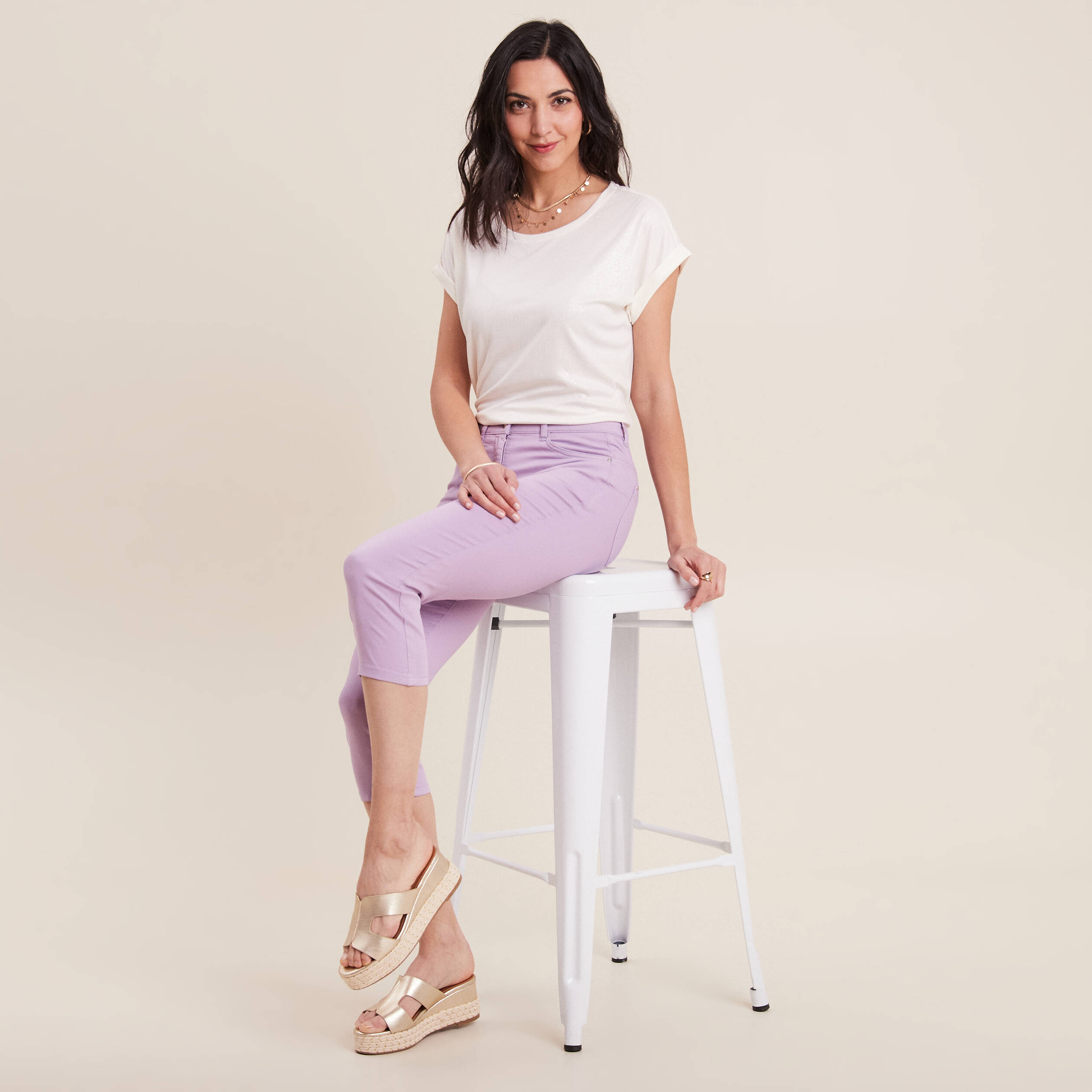 pantacourt droit taille standard mauve femme Pantacourt droit taille standard mauve femme