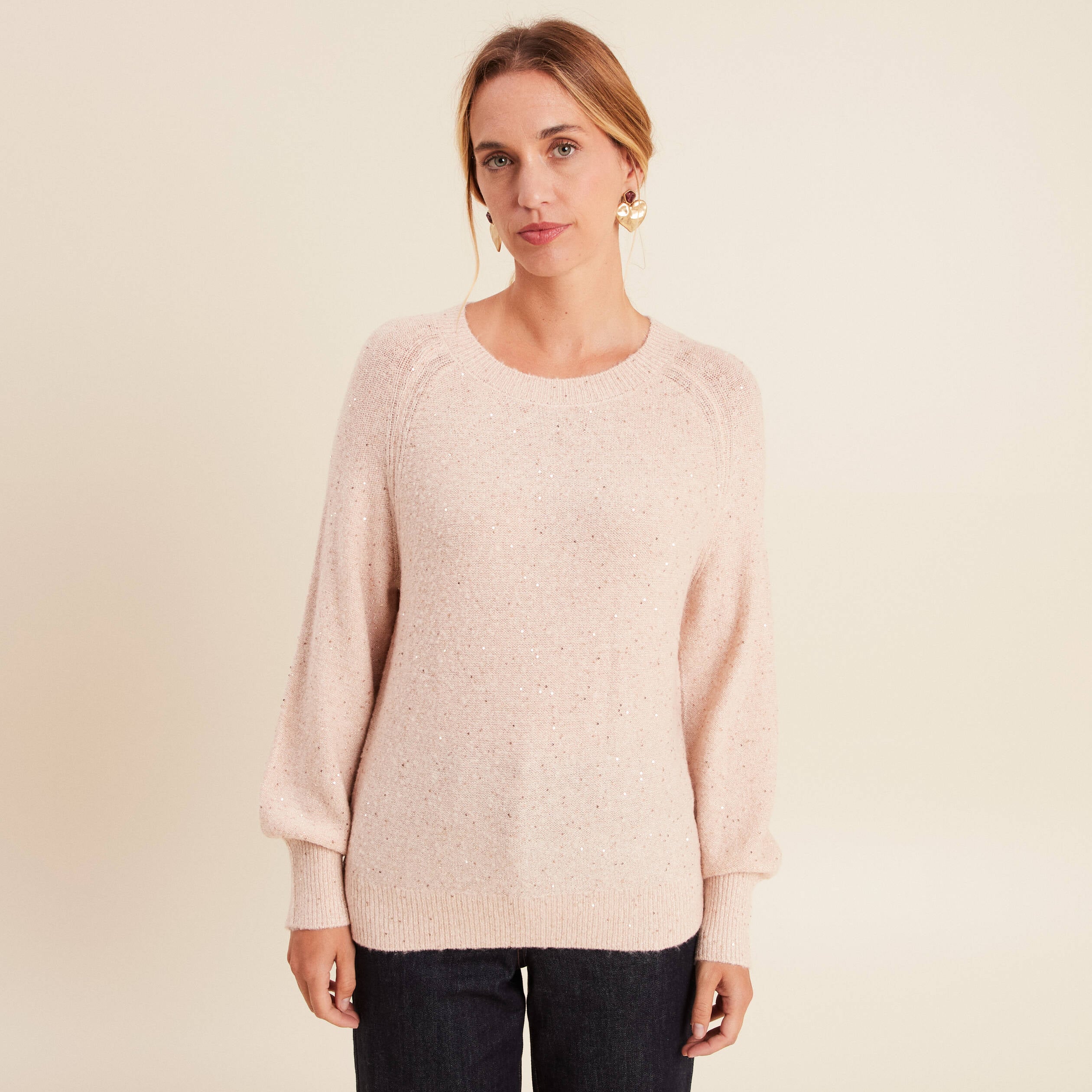 Pull col rond manches longues &agrave; sequins rose poudr&eacute;e femme