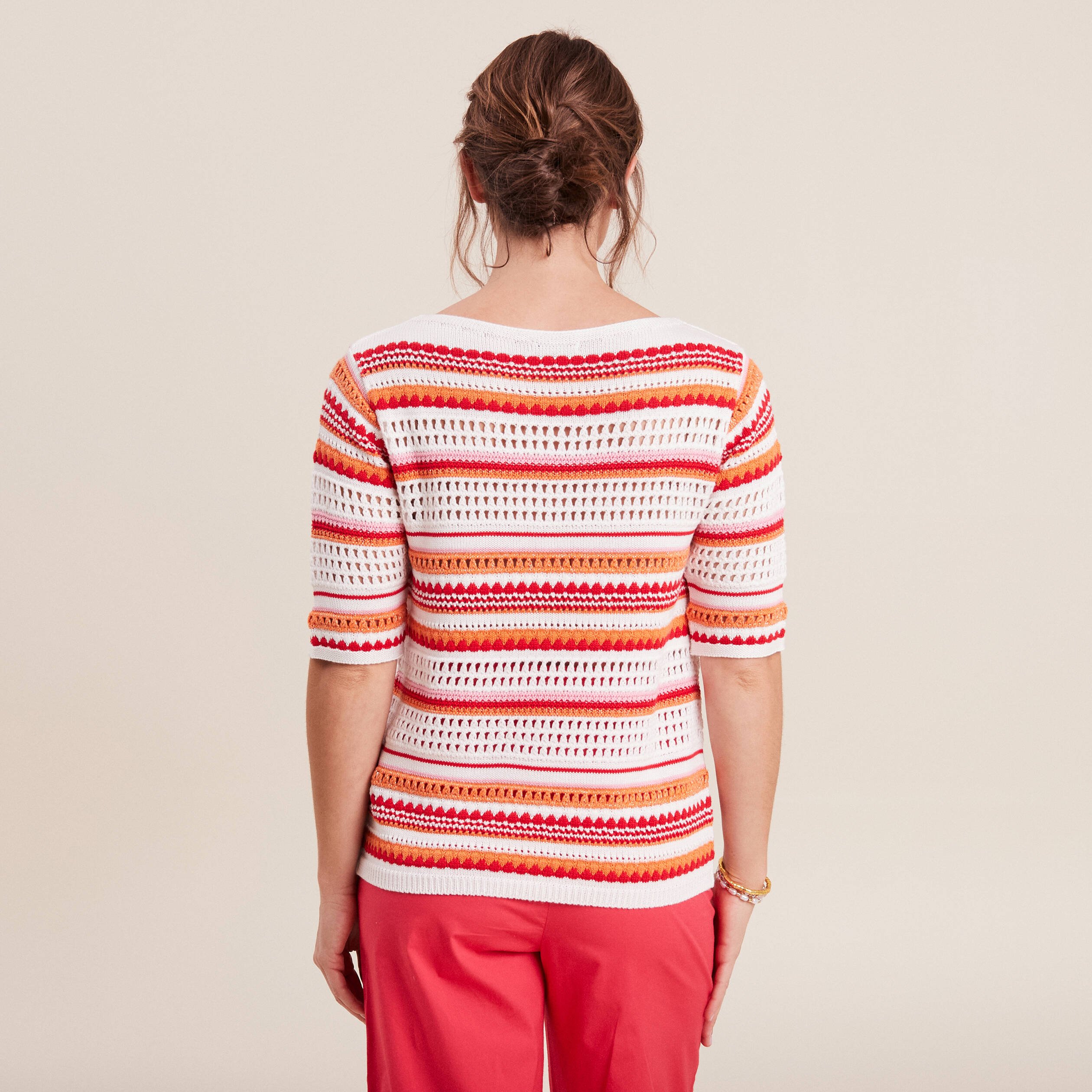 pull manches 34 ajoure orange femme Pull manches 3/4 ajouré orange femme