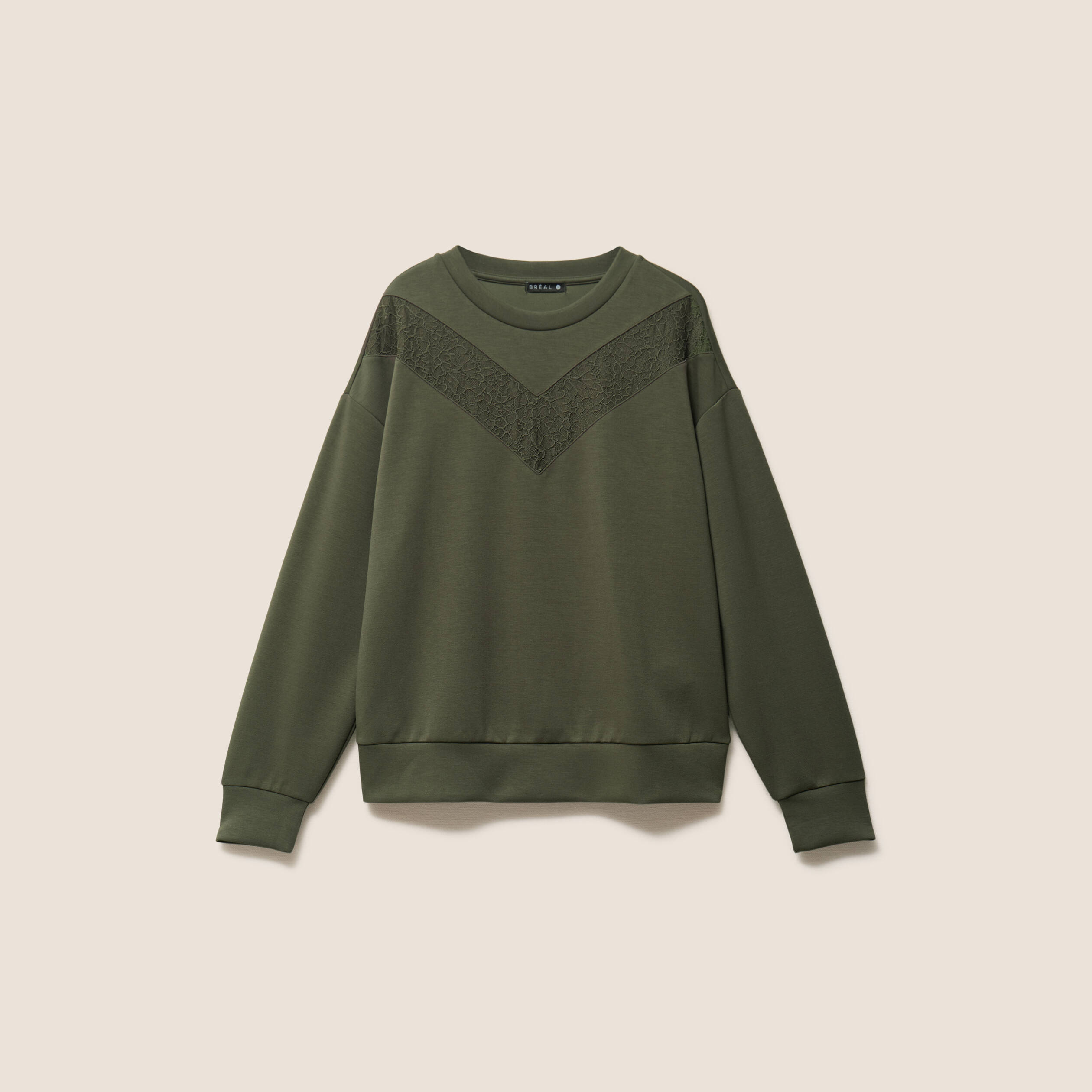 Sweat manches longues d&eacute;tail dentelle vert kaki femme