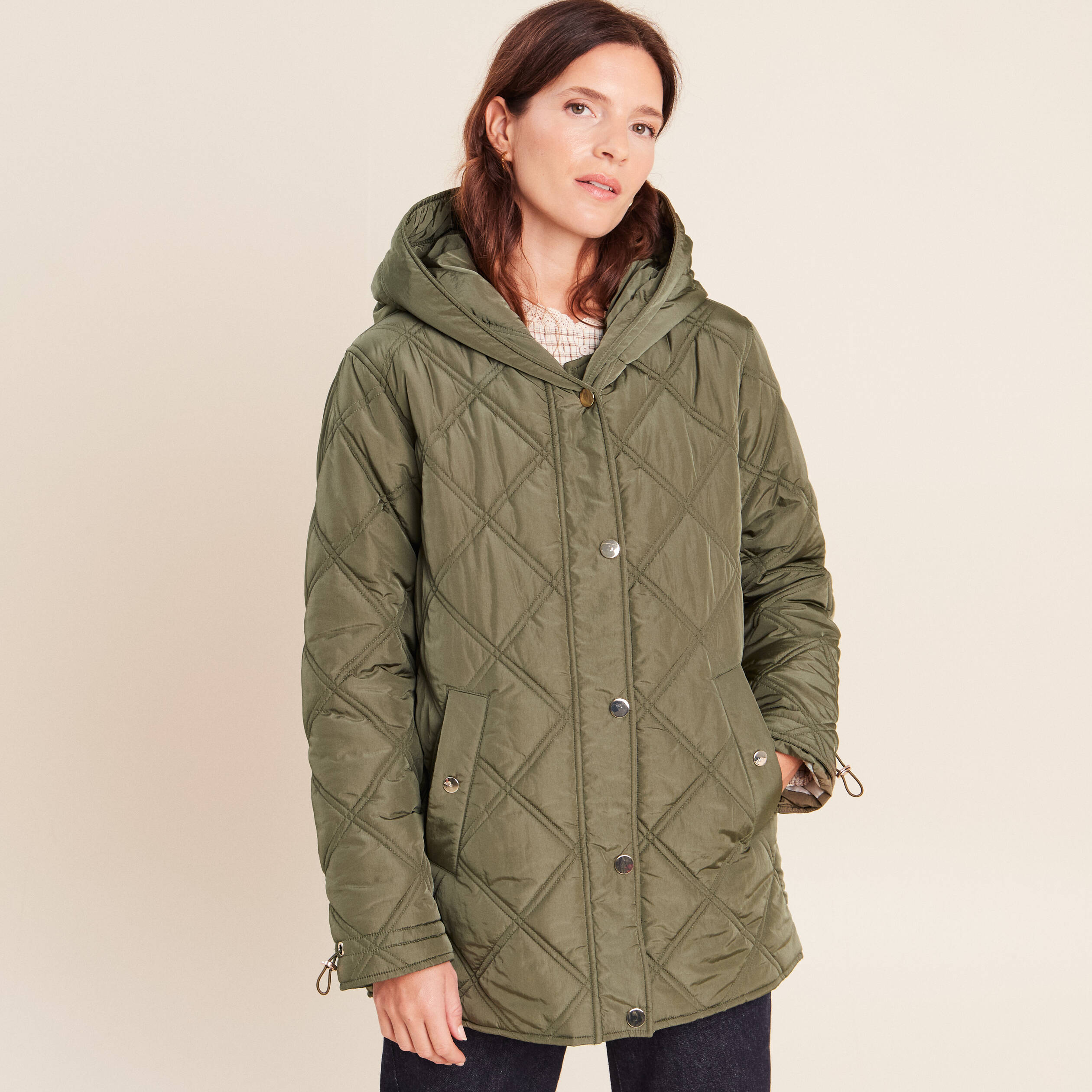 Doudoune doubl&eacute;e avec capuche vert kaki femme