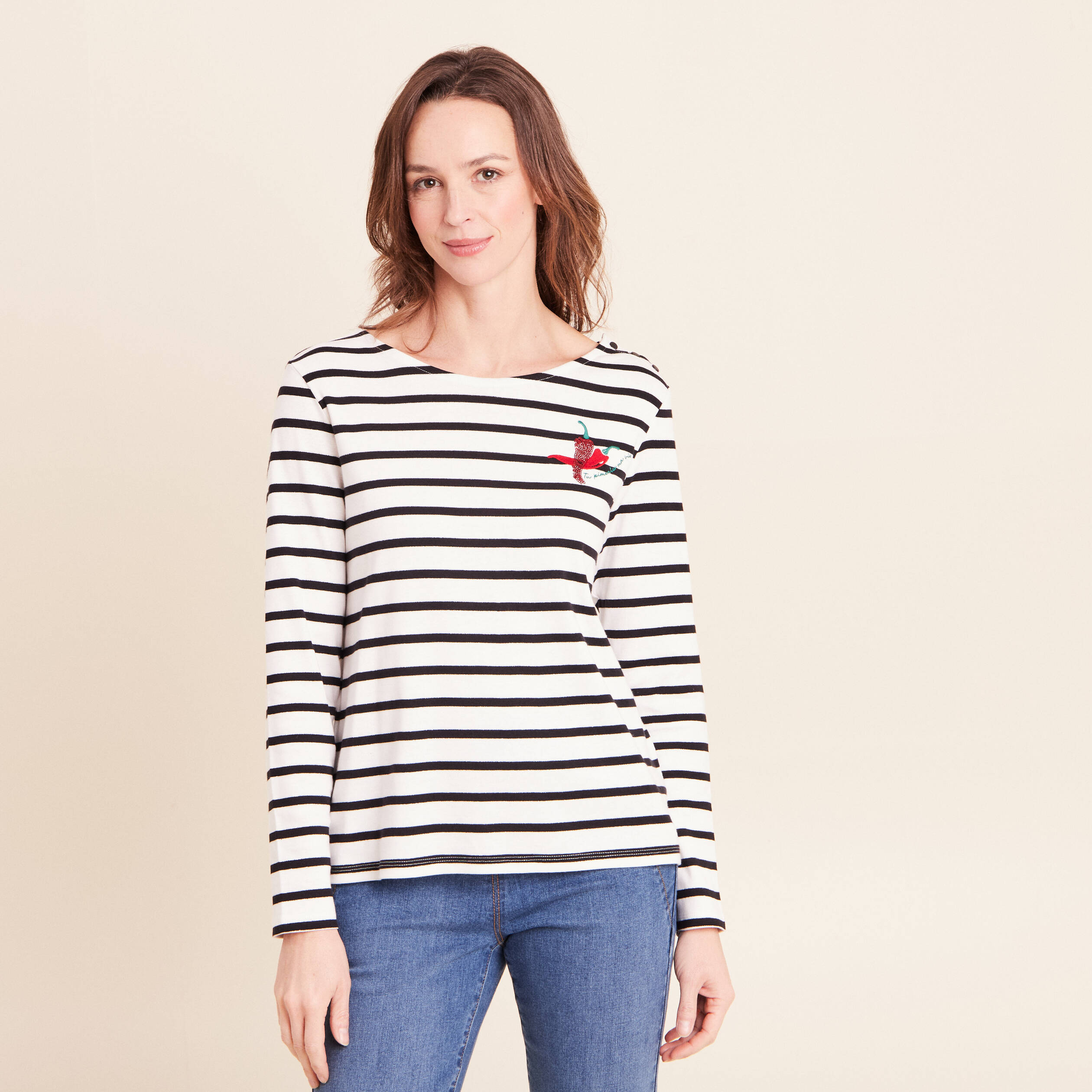 T-shirt marini&egrave;re avec broderie sequins noir femme