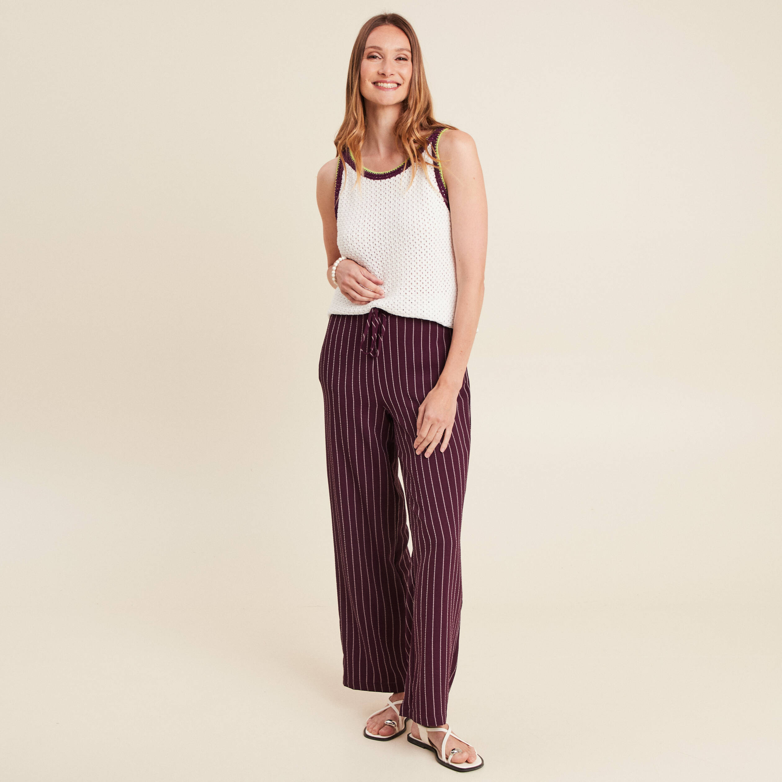 pantalon large 78eme taille haute bordeaux femme Pantalon large 7/8ème taille haute bordeaux femme