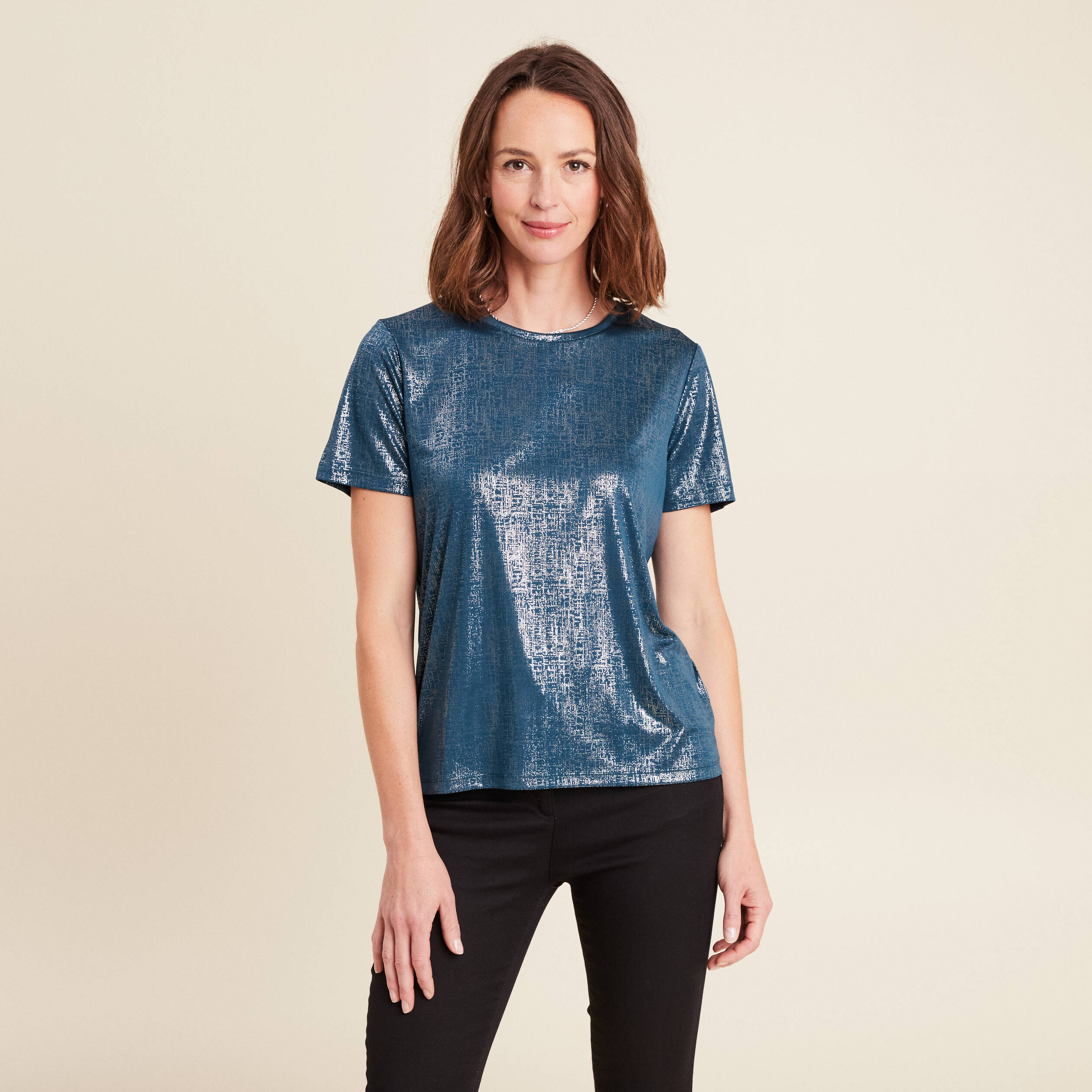t shirt droit court satine col rond bleu canard femme t-shirt droit court satiné col rond bleu canard femme
