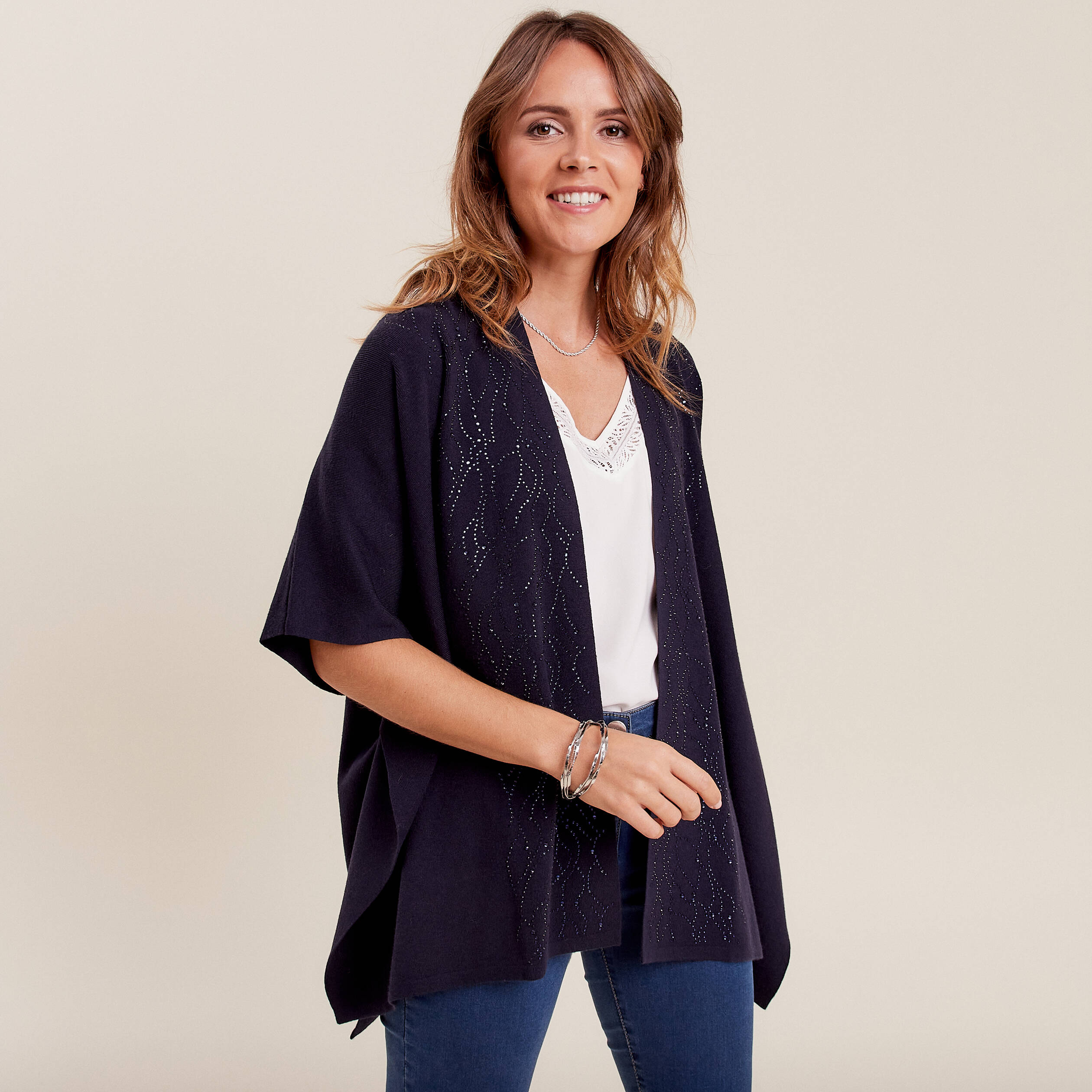 Poncho avec strass bleu foncé femme