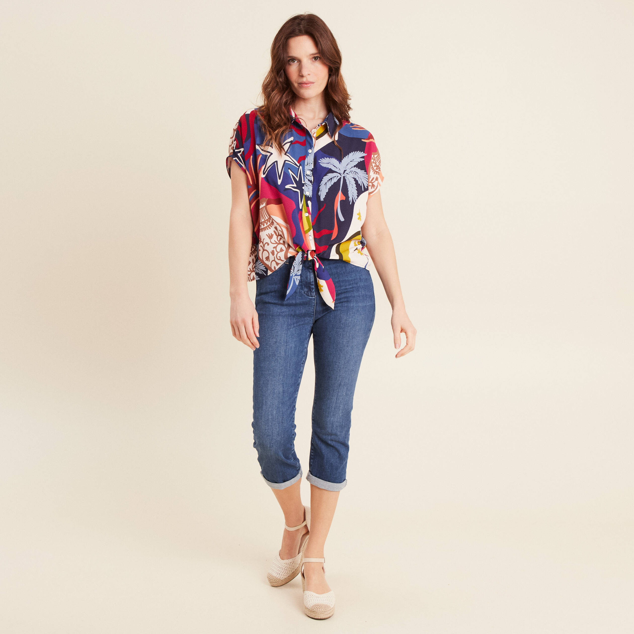 Chemise manches courtes nou&eacute;e bleu femme