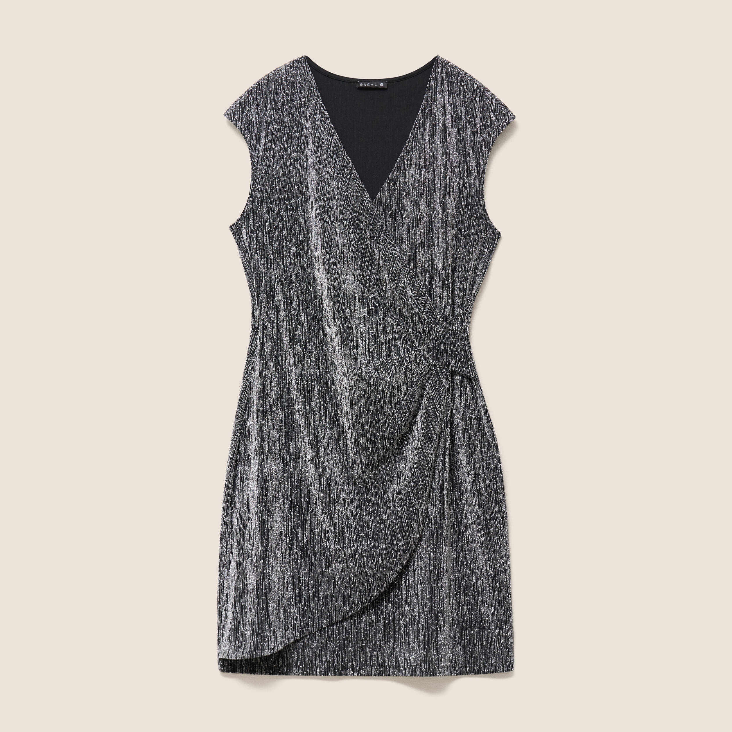 Robe ajust&eacute;e courte col v sans manches gris argent femme
