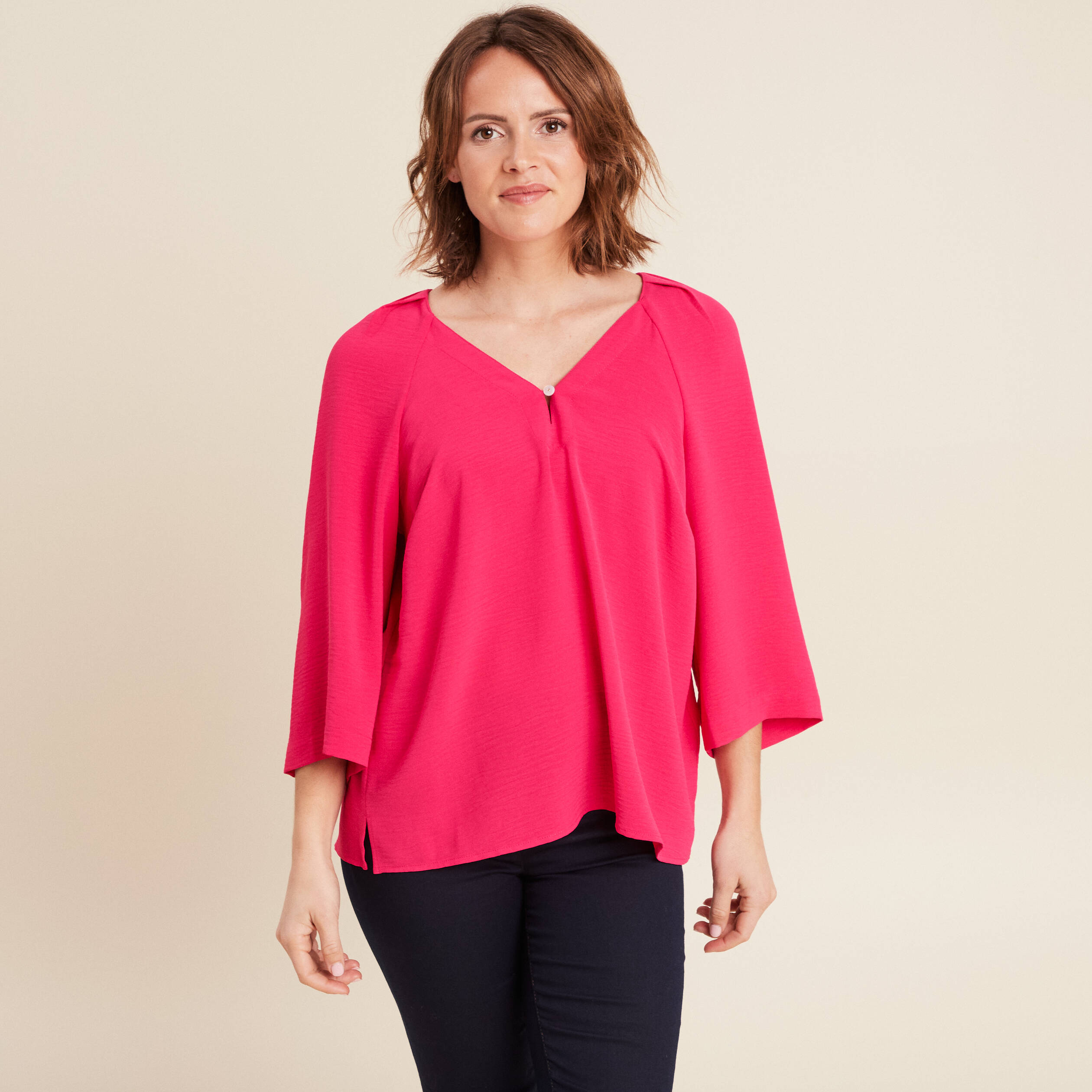 blouse manches 34 rose fushia femme Blouse manches 3/4 rose fushia femme
