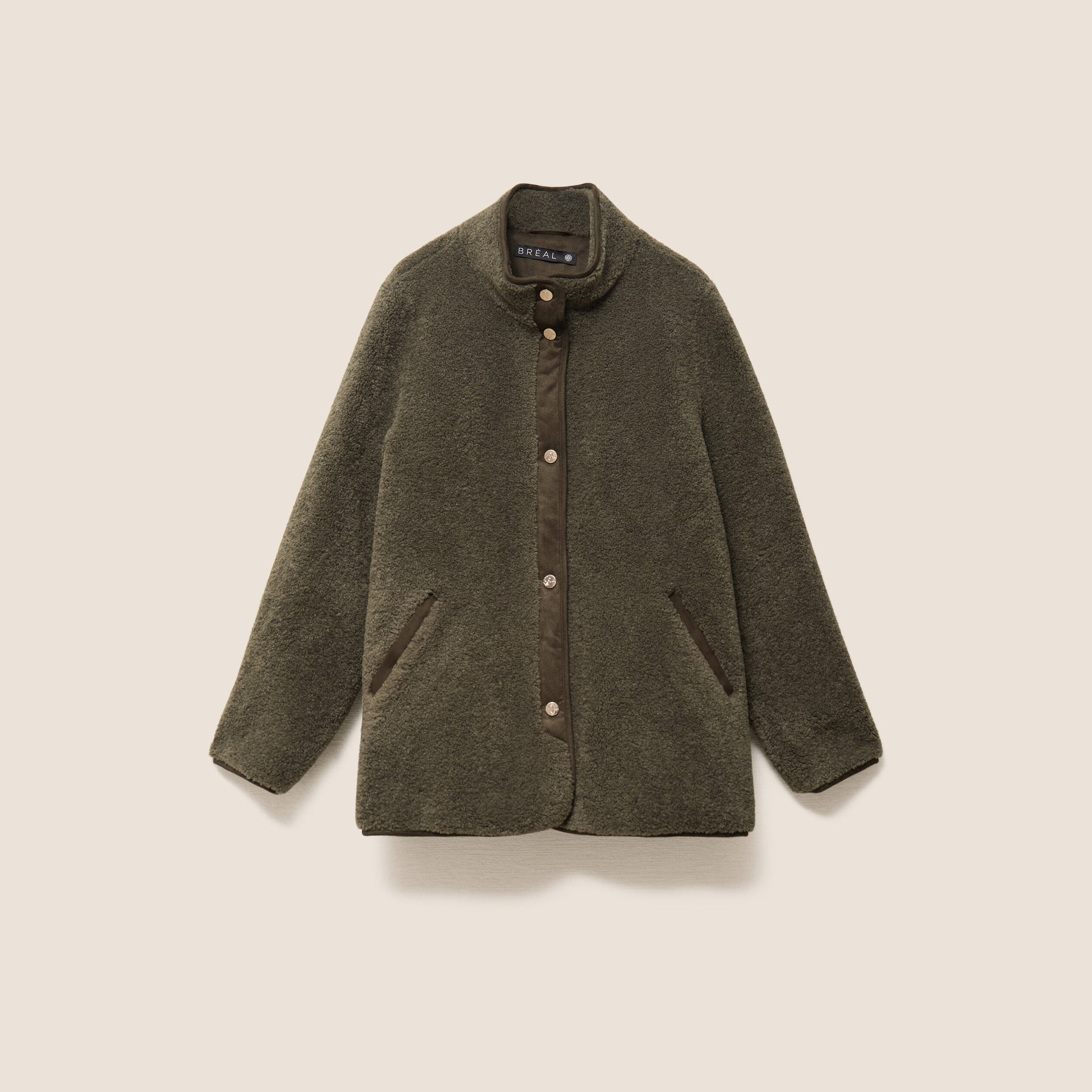 Manteau bouclette doubl&eacute; manches longues vert kaki femme