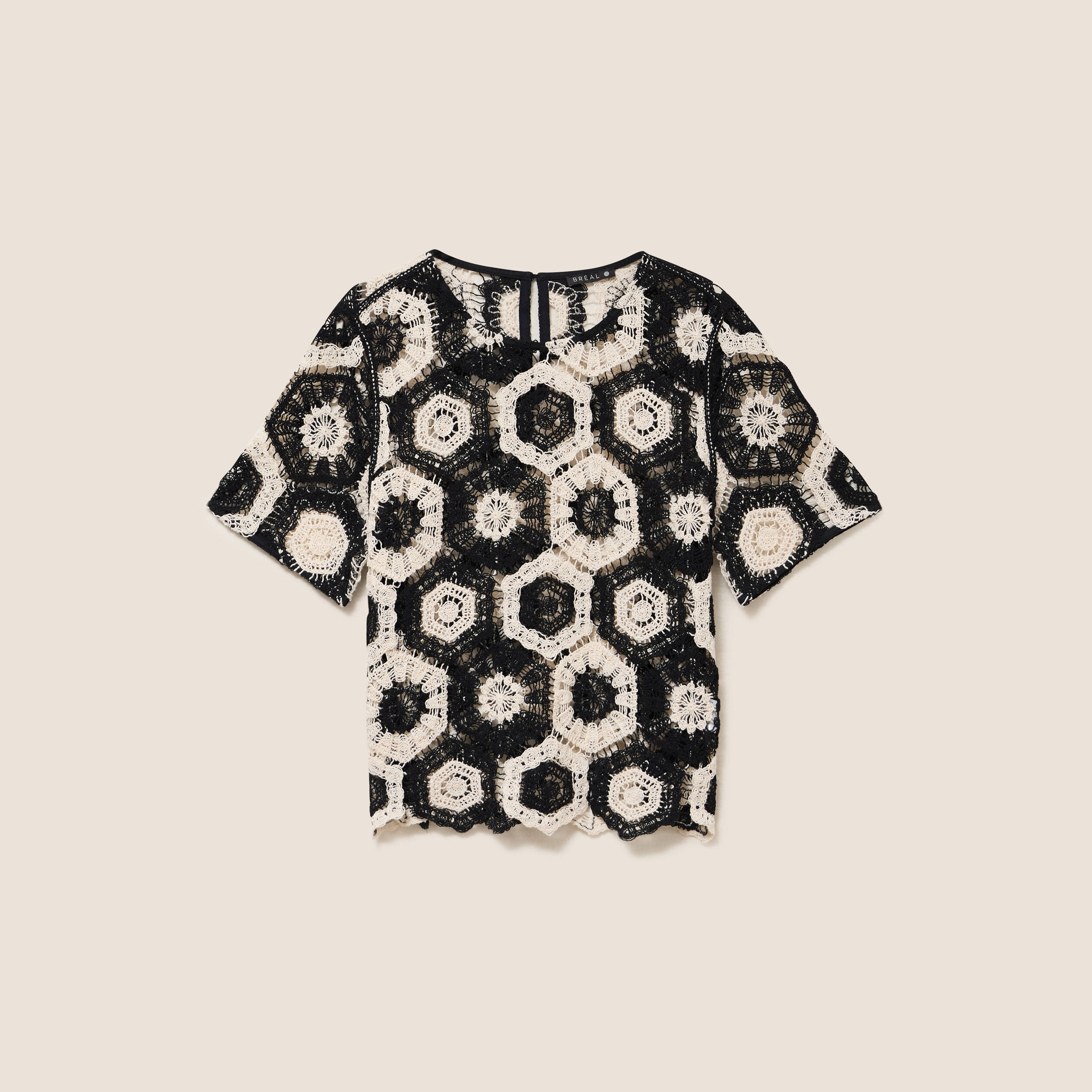 Blouse col rond manches courtes dentelle ecru femme