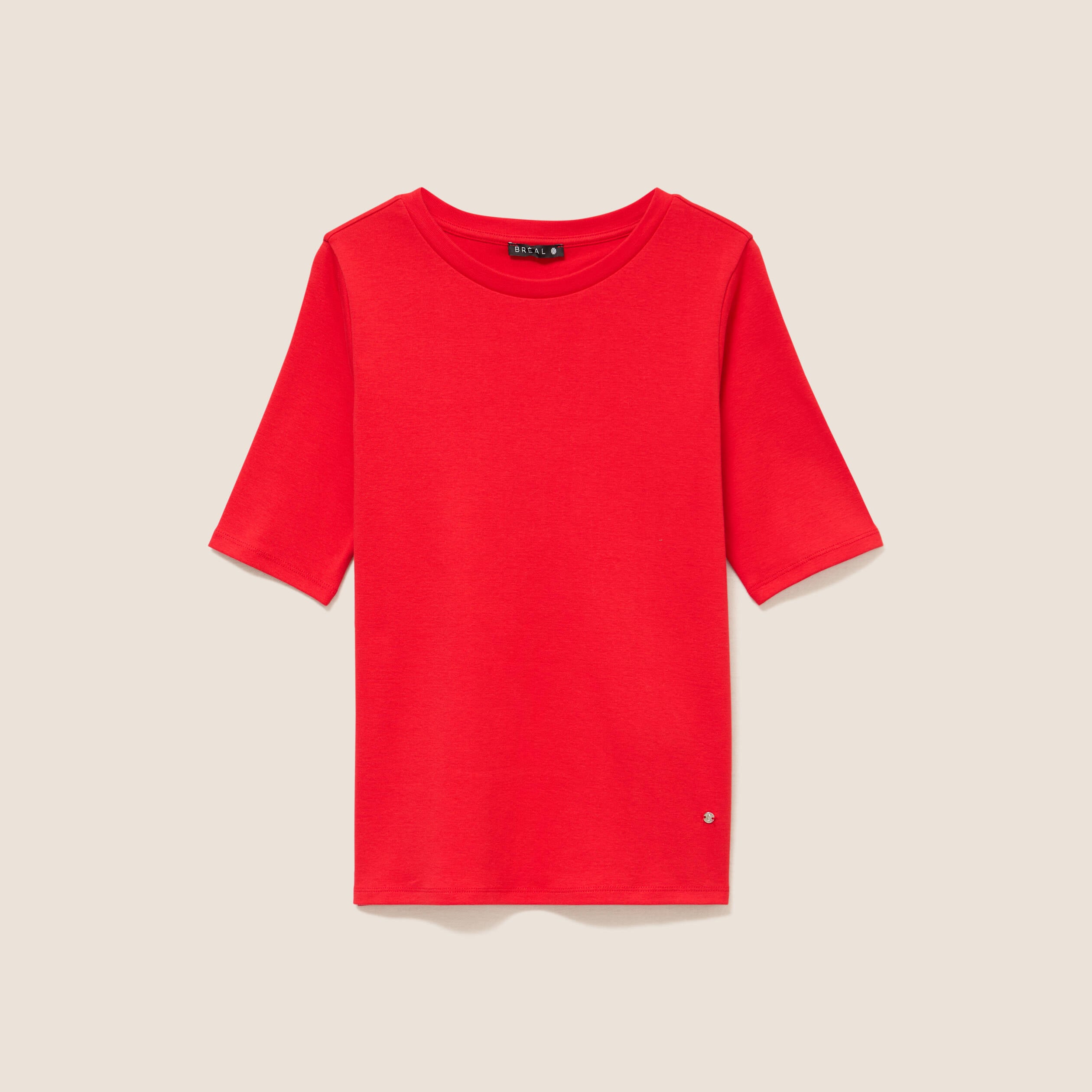 T-shirt ajust&eacute; col rond manches coudes rouge fluo femme