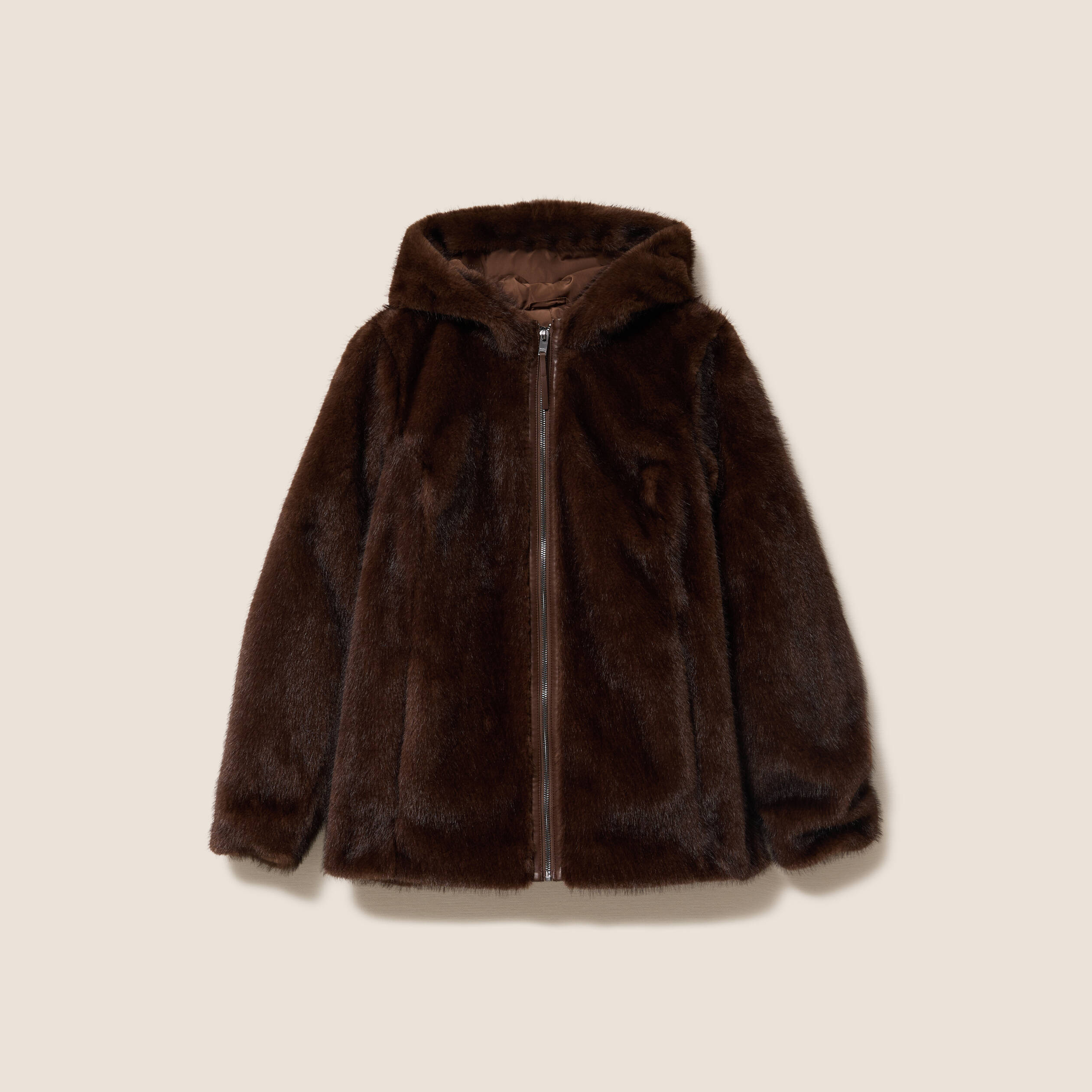 Manteau en fausse fourrure &agrave; capuche marron fonc&eacute; femme