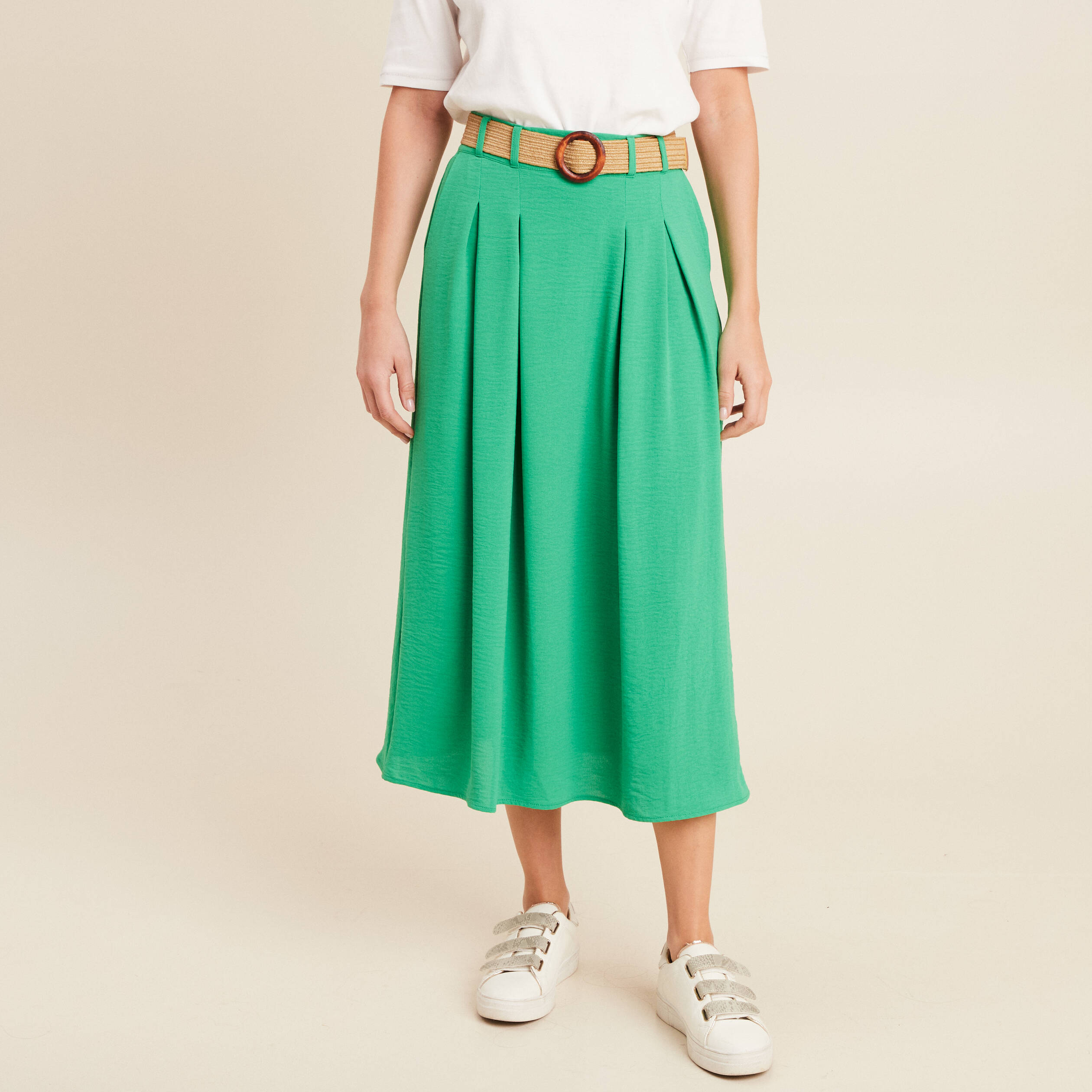 jupe longue evasee ceinturee vert femme Jupe longue évasée ceinturée vert femme