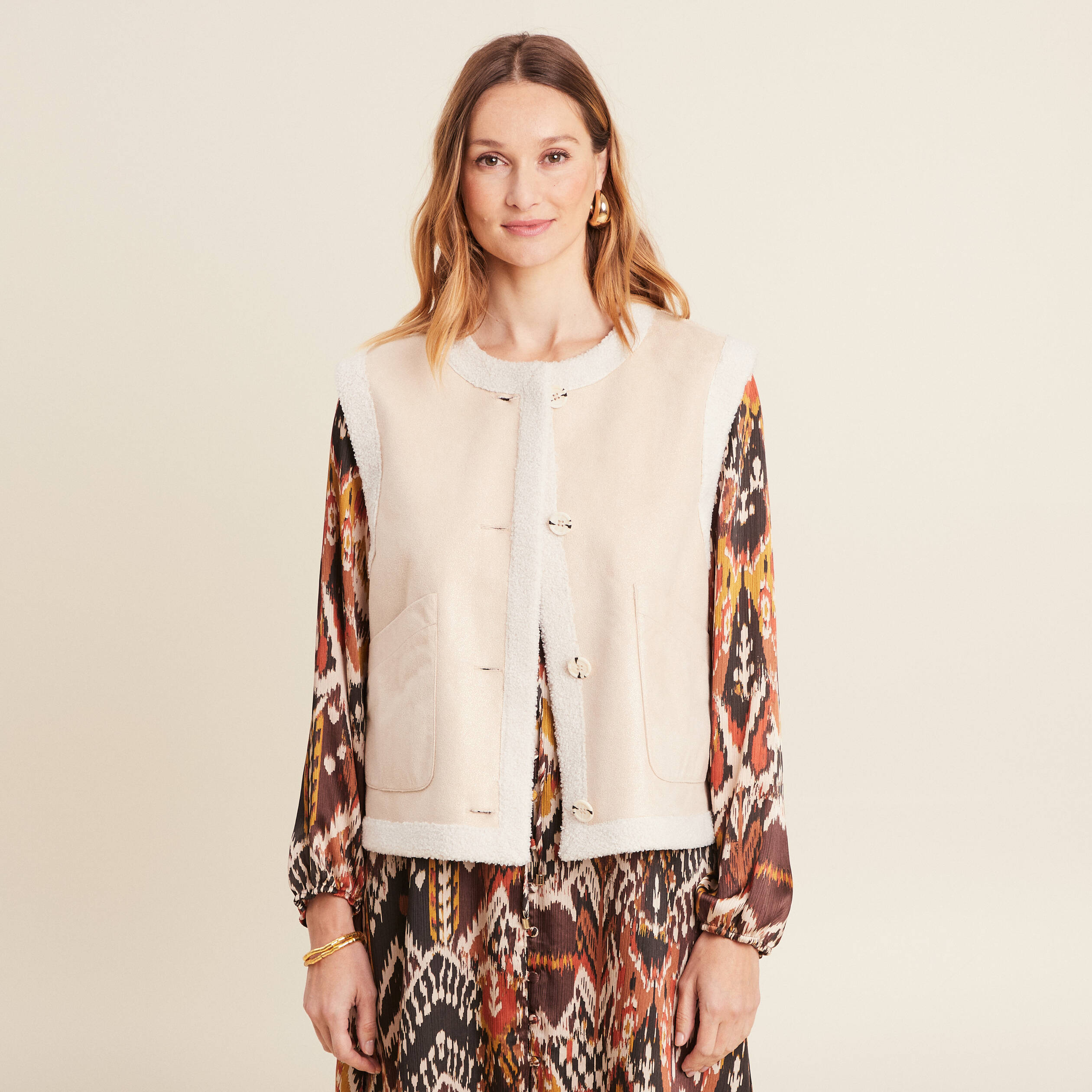 Gilet r&eacute;versible laine mouton beige femme