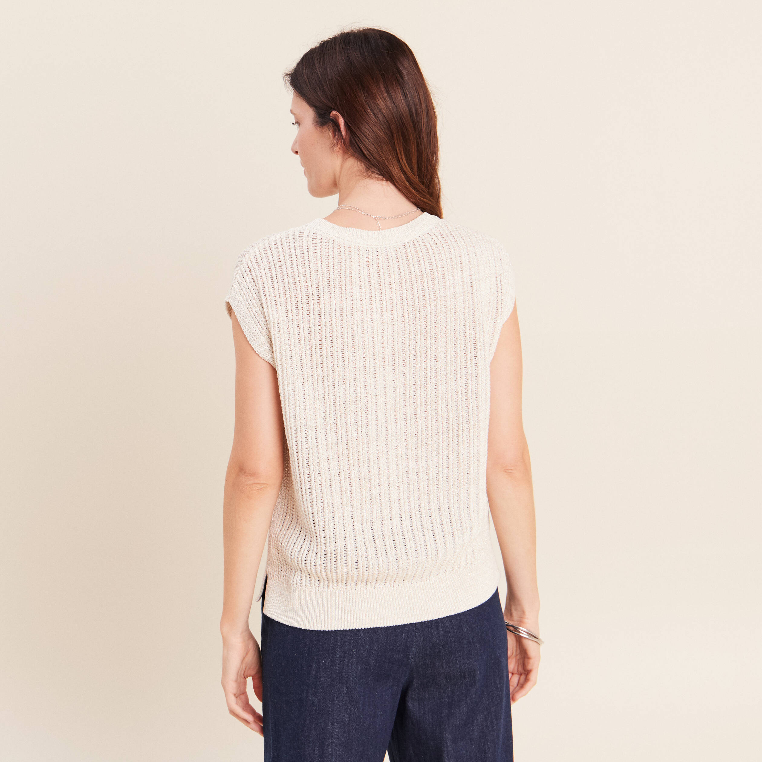 Pull ajour&eacute; col rond ecru femme