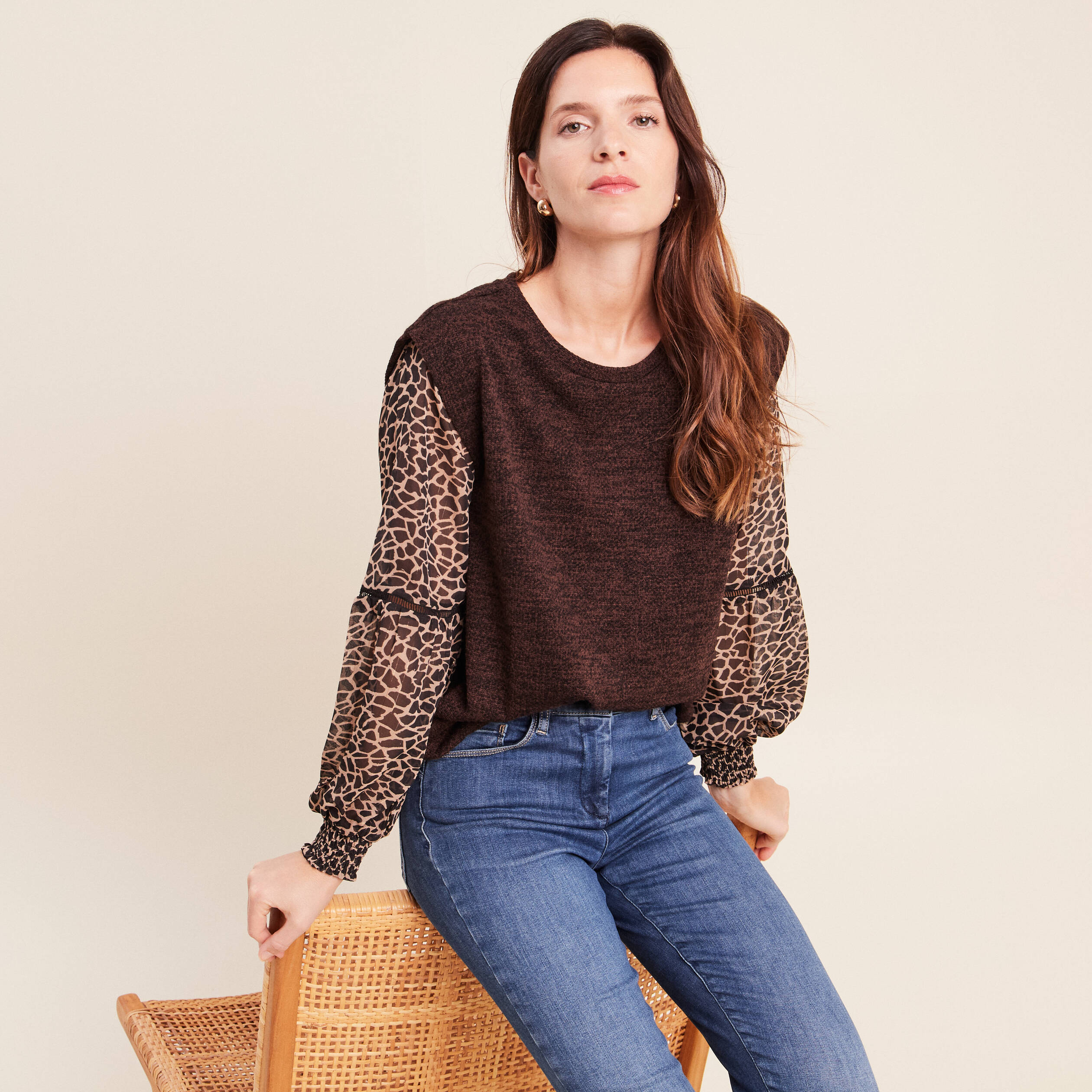 T-shirt col rond manches longues noir femme