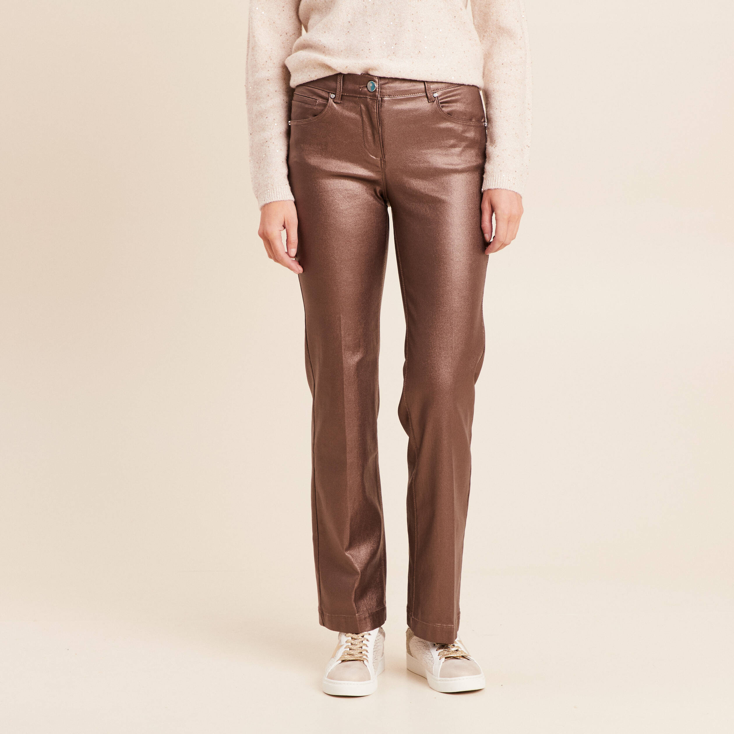 Pantalon enduit coupe large marron fonc&eacute; femme