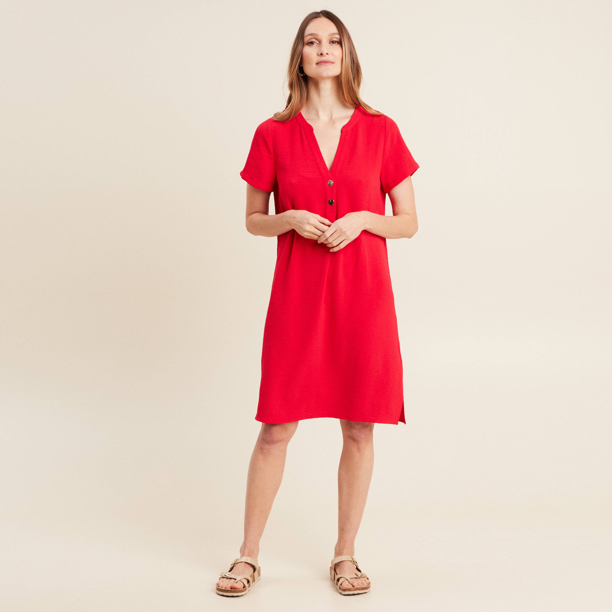 Robe Ayr Femme Rouge, Taille M – Manches Courtes Bouffantes, Col Chemisier, Coton
