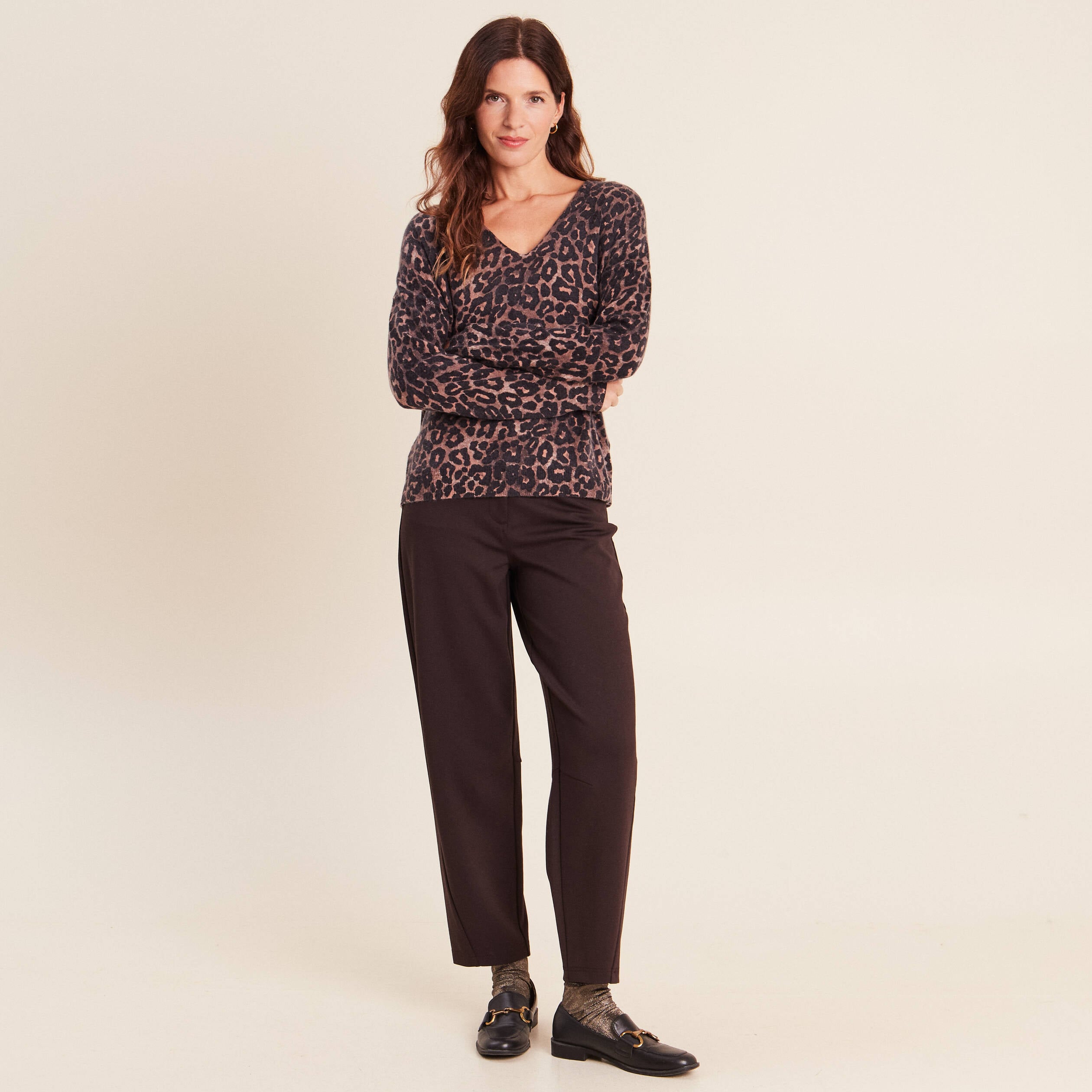 Pull col v marron femme