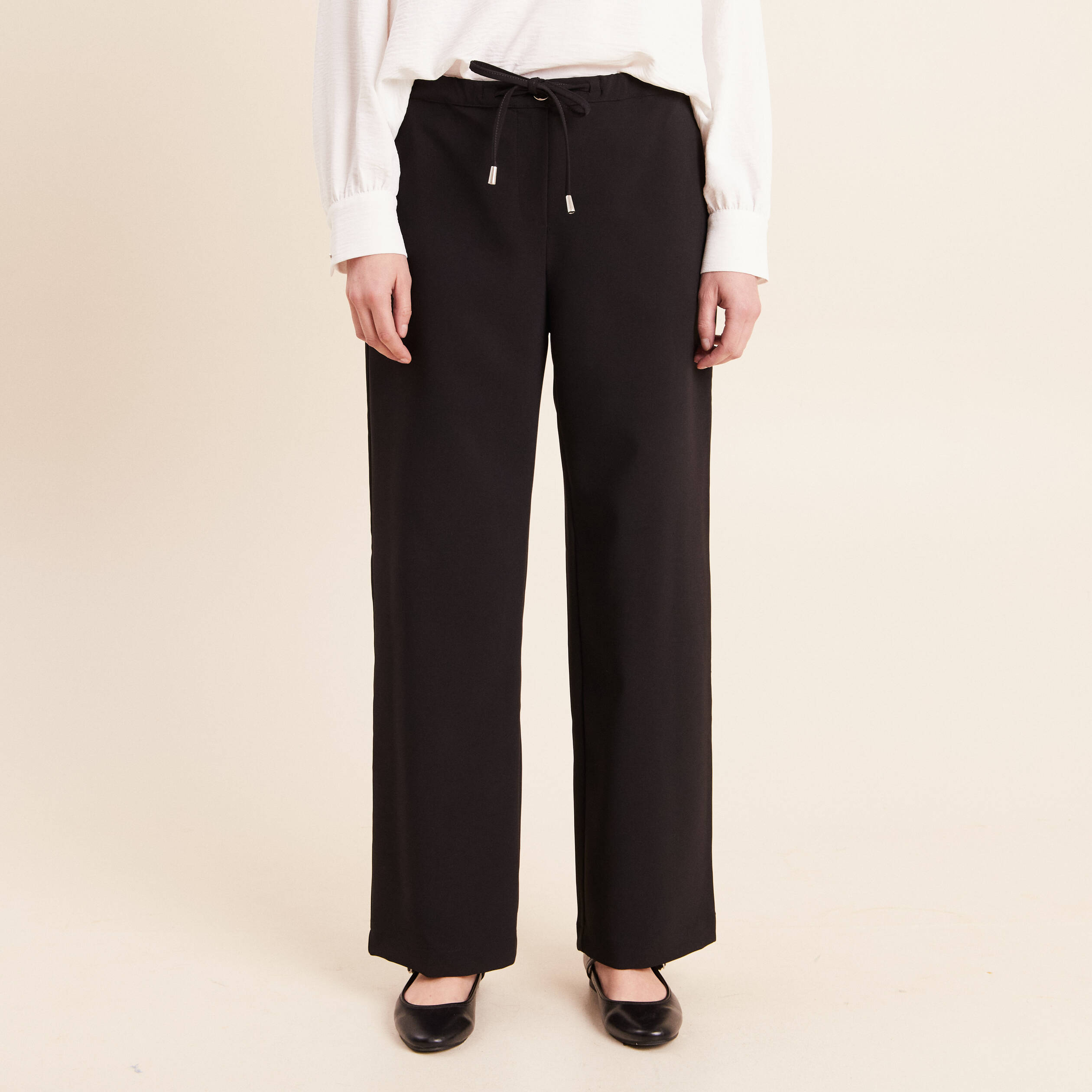 Pantalon fluide large taille haute noir femme